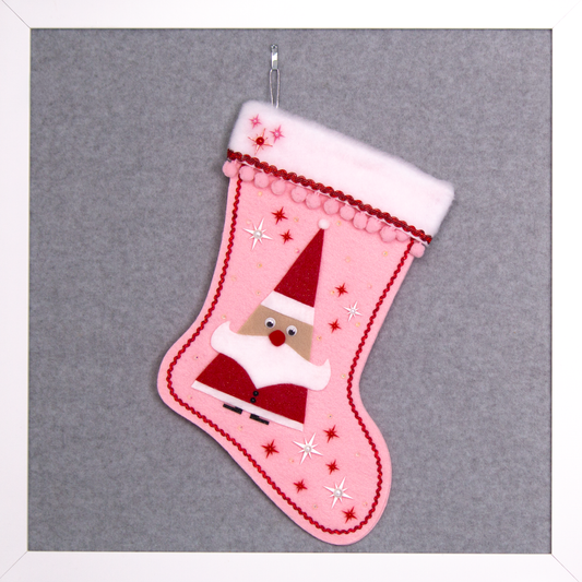 Triangular Santa (Holt Howard for Libbey inspired) in red glitter suit on light pink felt handmade Christmas stocking with starbursts, pom poms and decoration in white, red, pink, clear & silver. (front of stocking)