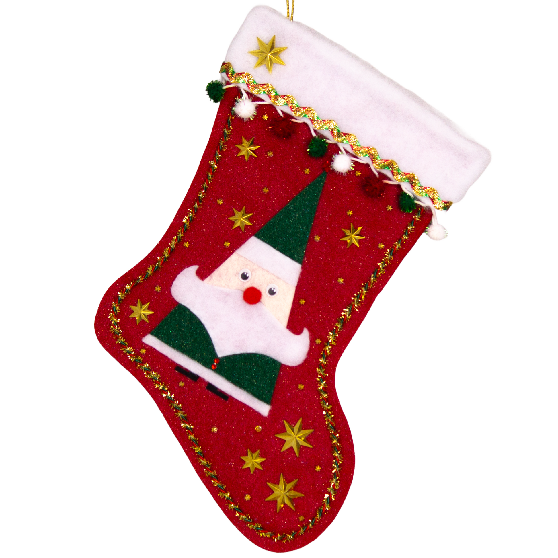 Triangular Santa (Holt Howard for Libbey inspired) in a glitter dark green suit on red glitter felt handmade Christmas stocking with star buttons, sparkly pom poms and decoration in red, green, white & gold. (front of stocking)