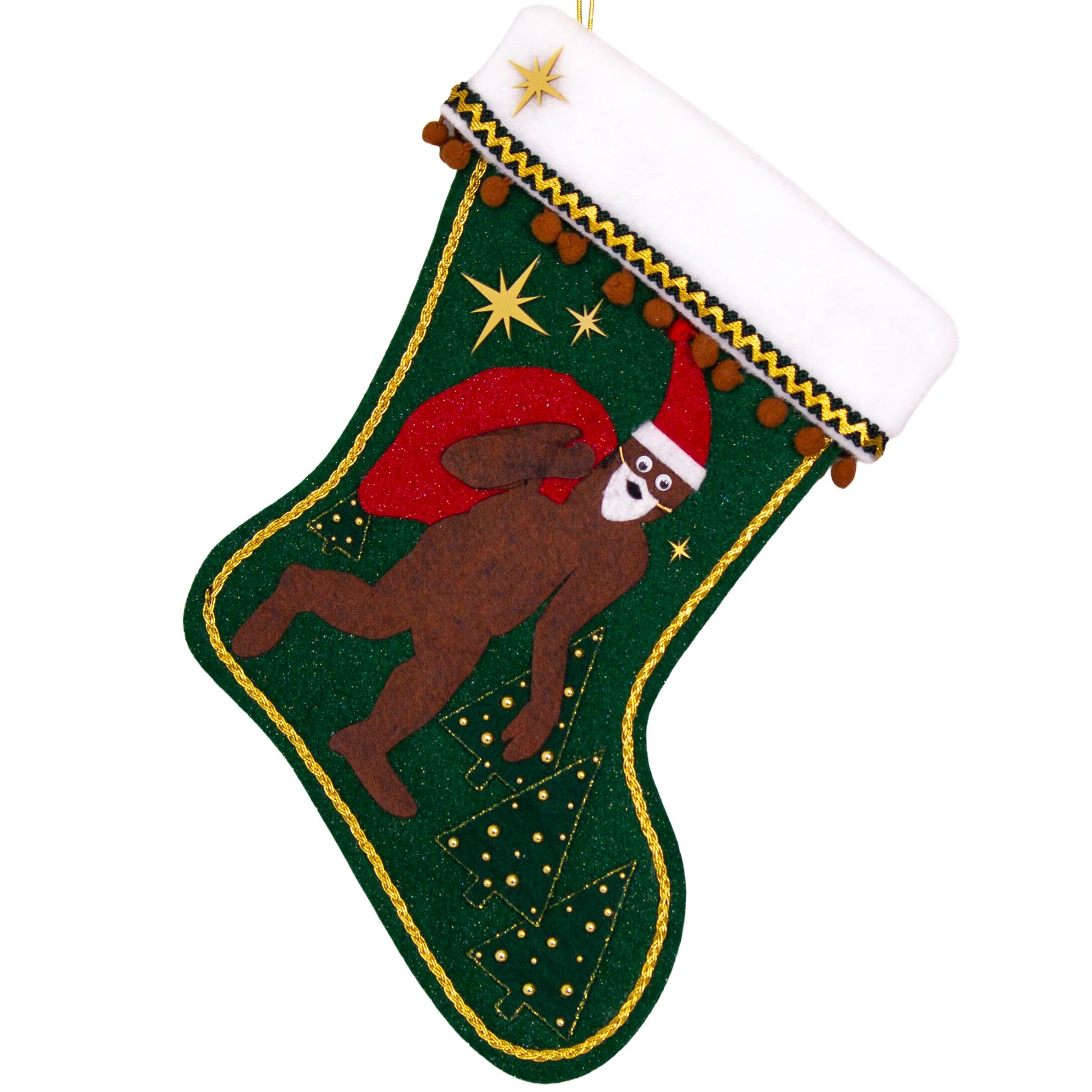 Felt Sasquatch Santa, red glitter bag/hat on dark green glitter felt handmade Christmas stocking with pom poms, trees, acrylic starbursts and decorated in brown, red & gold. (front of stocking)