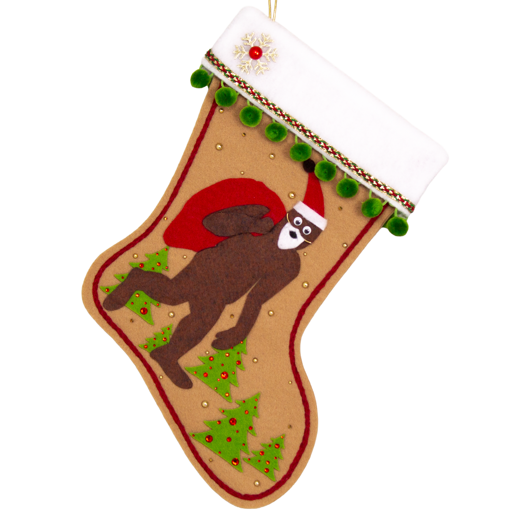 Felt Sasquatch Santa, red bag & hat on tan felt handmade Christmas stocking with pom poms, trees, a glittered snowflake button and decorated in green, red & gold. (front of stocking)