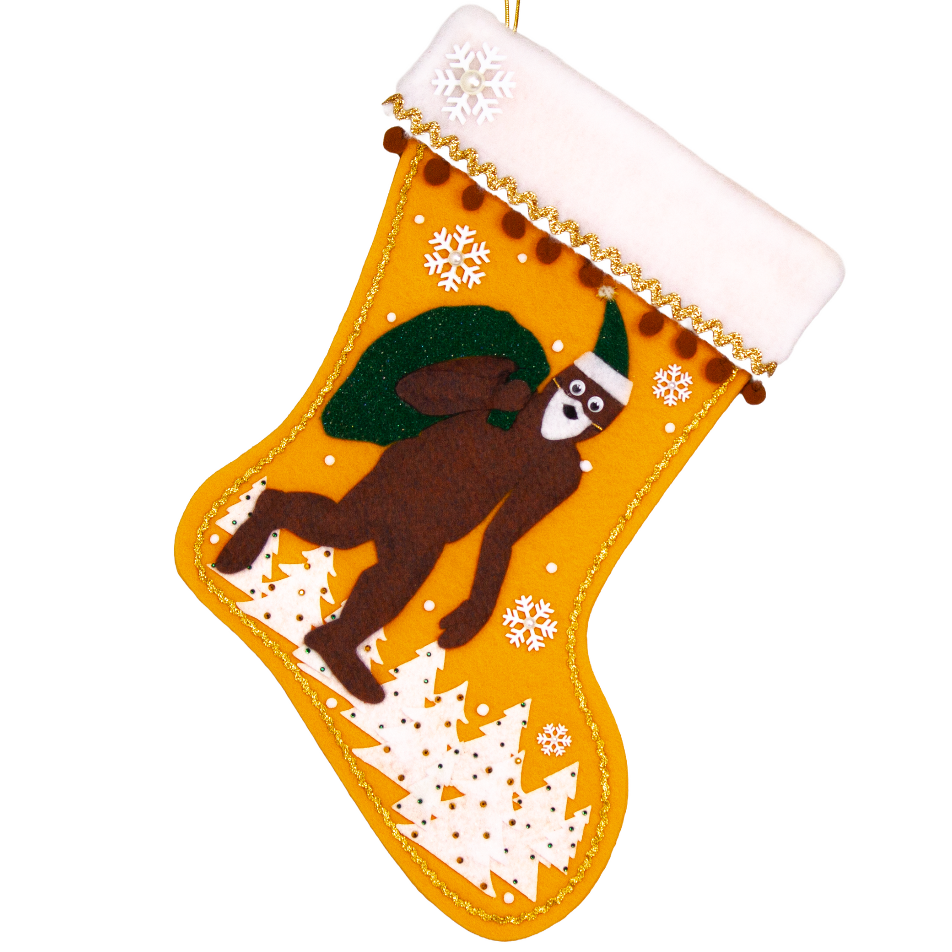 Felt Sasquatch Santa, dark green glitter bag/hat on golden felt handmade Christmas stocking with pom poms, trees and snowflake buttons decorated in white, brown & gold. (front of stocking)
