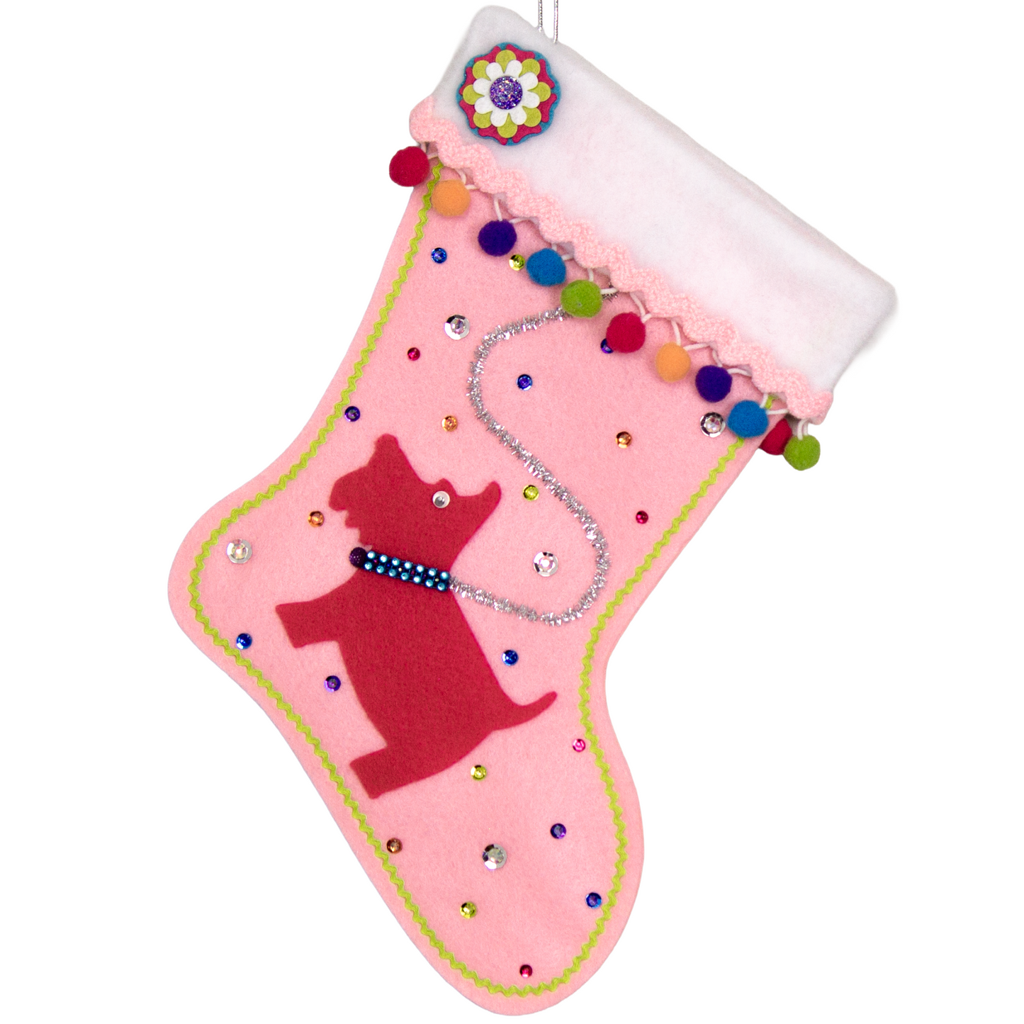 Bright pink Scottish Terrier Scottie dog on light pink felt handmade Christmas stocking with colorful pom poms and decorated in silver, pink, orange, purple, blue & green. (front of stocking)