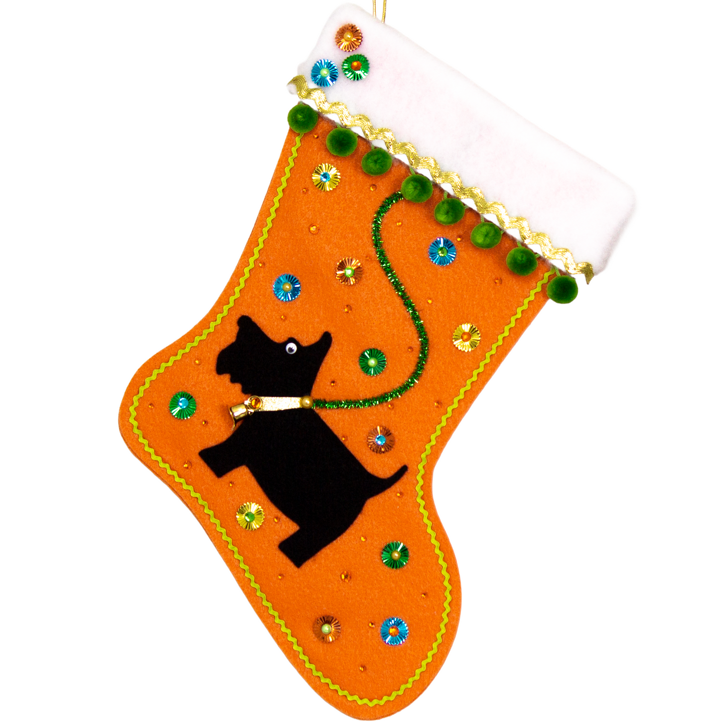 Black Scottish Terrier dog on orange felt handmade Christmas stocking with sunburst sequins, pom poms and decorated in gold, green, blue & orange. (front of stocking)