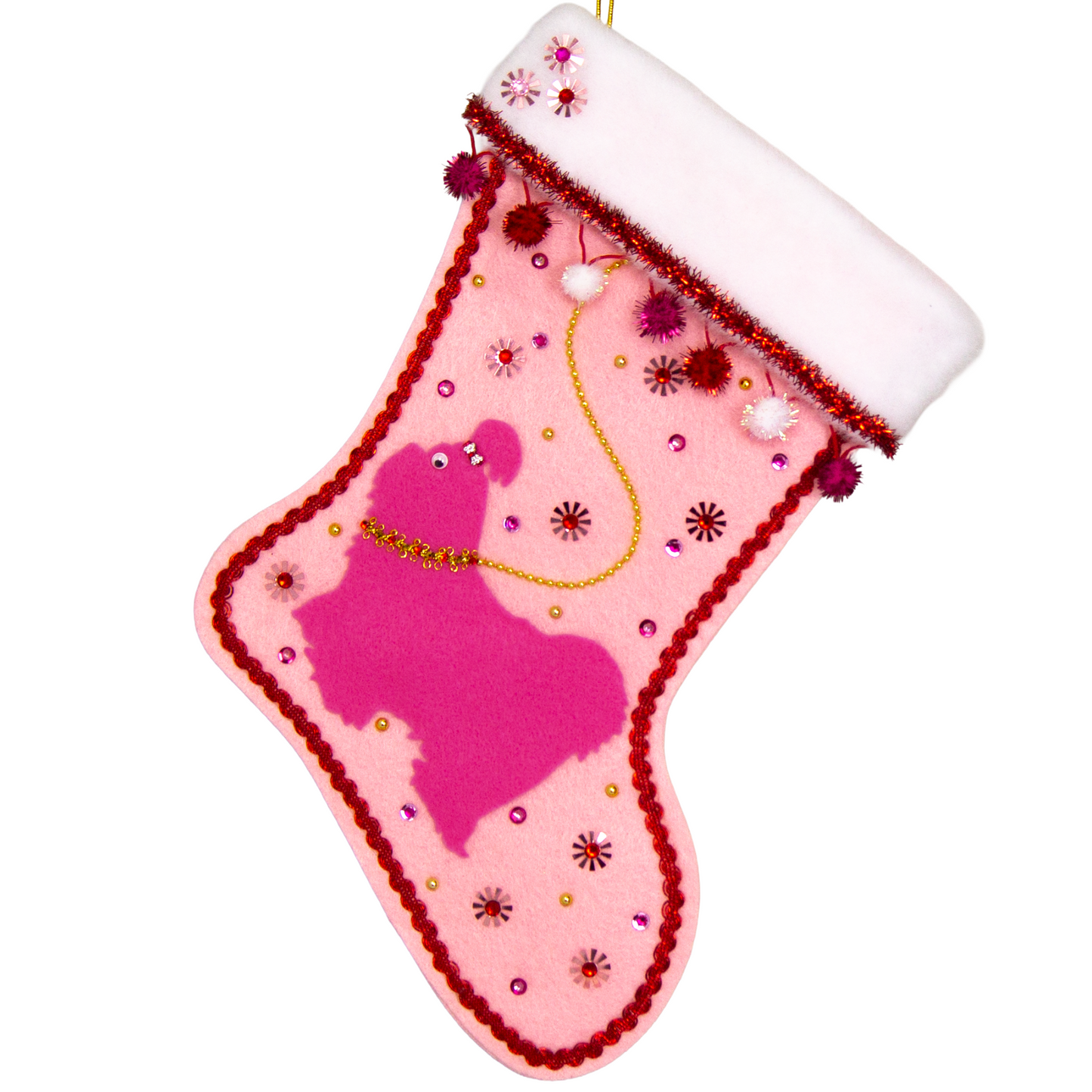 Candy pink Shih Tzu dog on light pink felt handmade Christmas stocking with sparkly pom poms, flower sequins, tinsel and decorated in red, pinks, white and gold. (front of stocking)