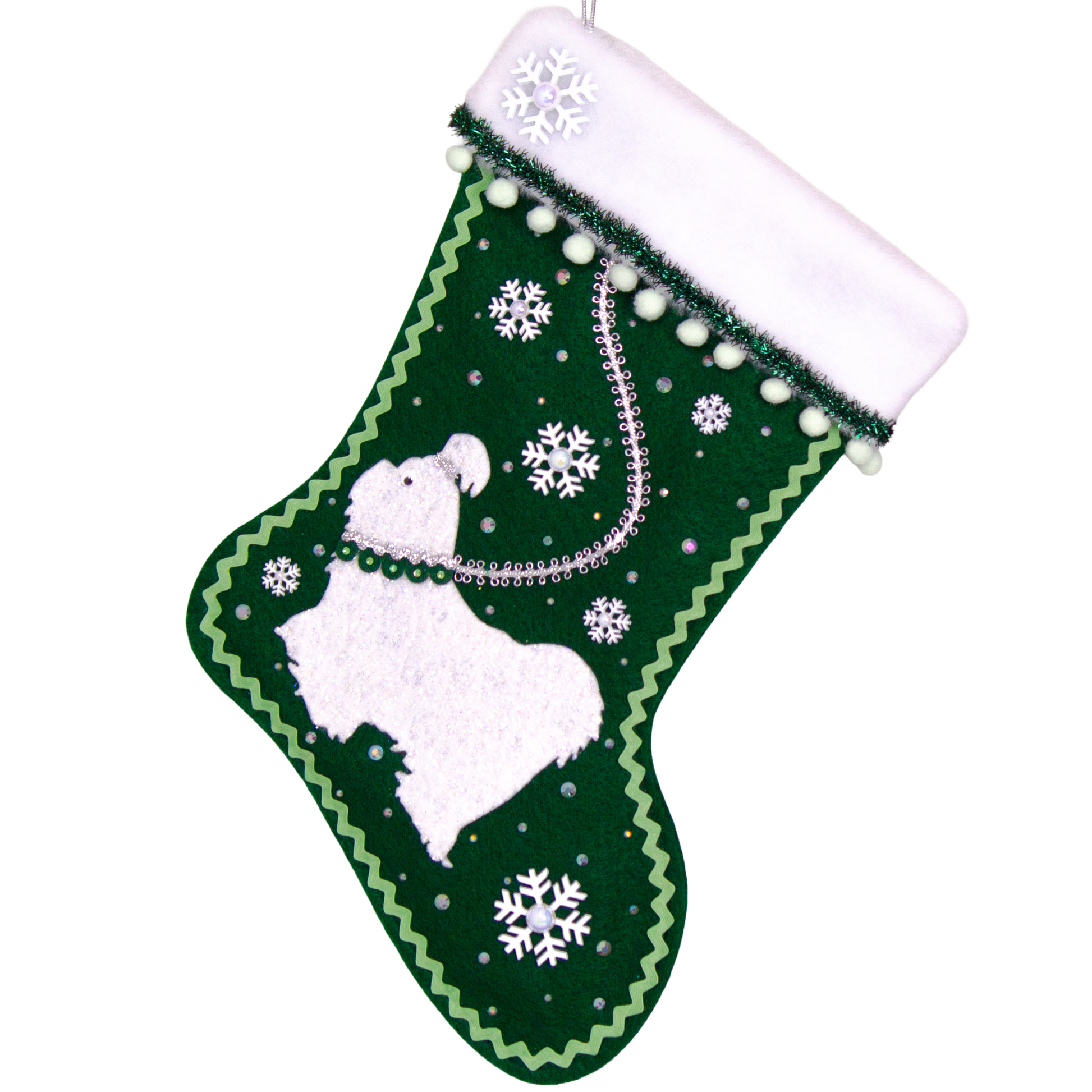 Glittered white Shih Tzu dog on dark green felt handmade Christmas stocking with pom poms, snowflake buttons, tinsel ribbon and decorations in white, mint green, silver, green and clear. (front of stocking)