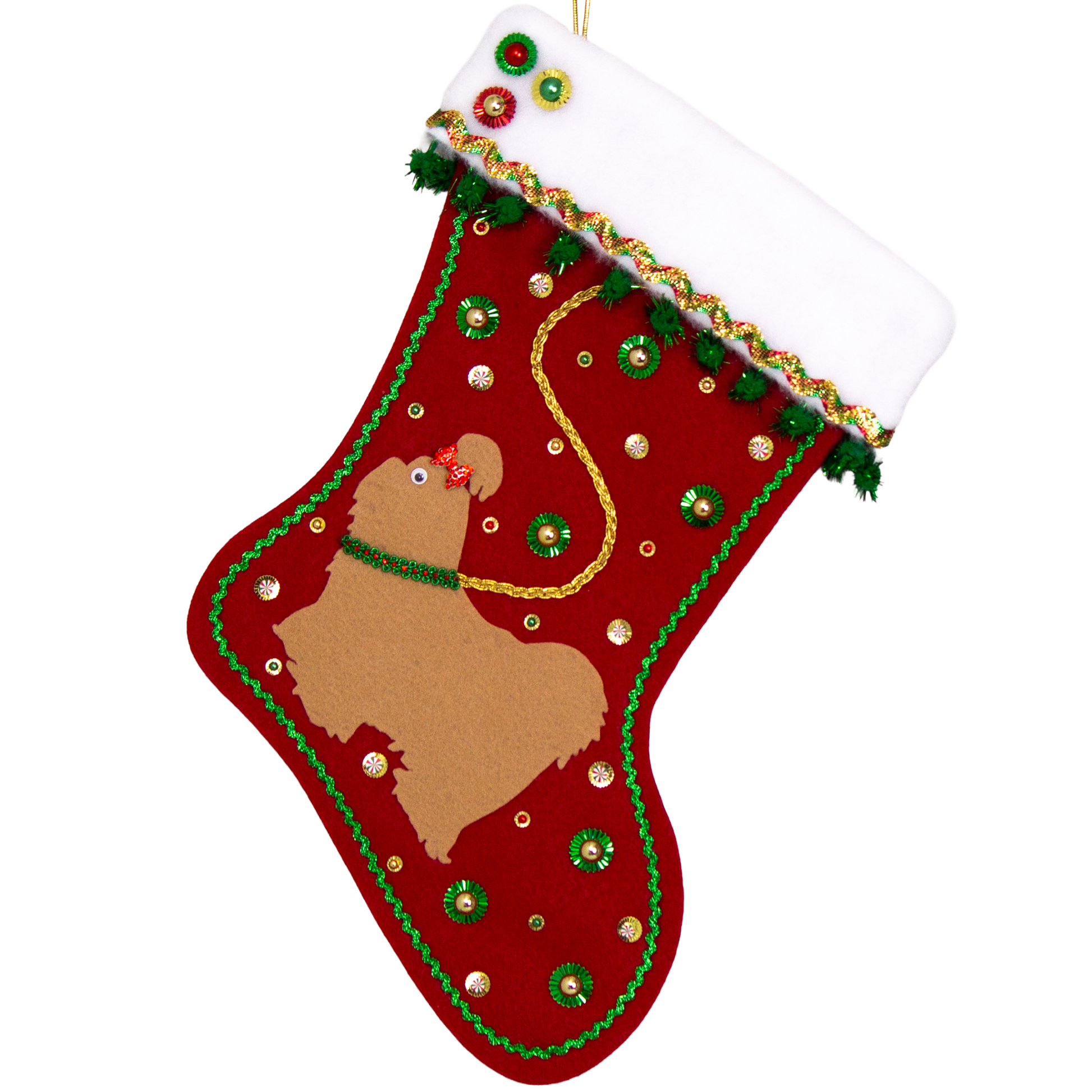 Tan Shih Tzu dog on holiday red felt handmade Christmas stocking with sunburst sequins, sparkly pom poms, metallic trim and decorations in red, green & gold. (front of stocking)