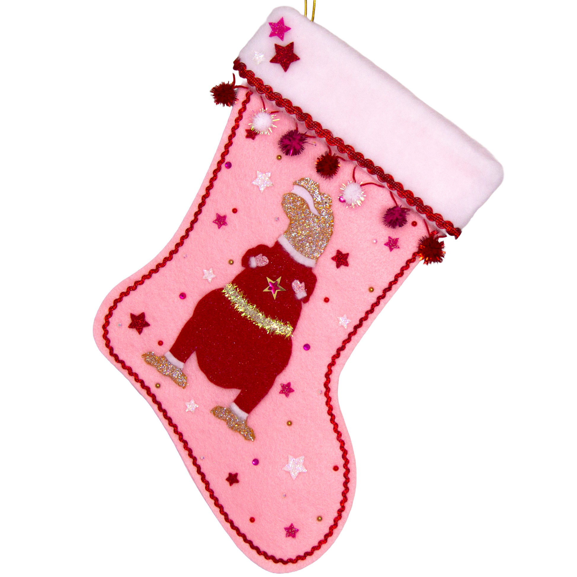 Gold glitter T-Rex with a red glitter felt suit on light pink felt handmade Christmas stocking with sparkly pom poms, felt glittery stars and decoration in red, hot pink, white & gold. (front of stocking)