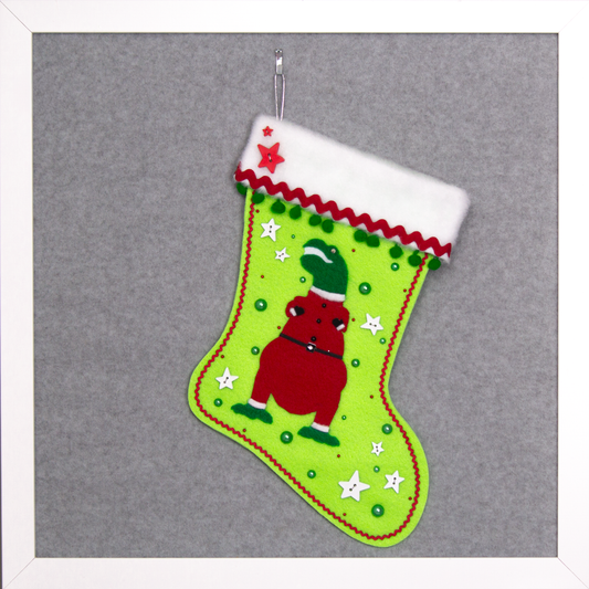 Holiday green T-Rex in a holiday red suit on neon green felt handmade Christmas stocking with pom poms, star buttons and decorations in red, green, white & silver. (front of stocking)