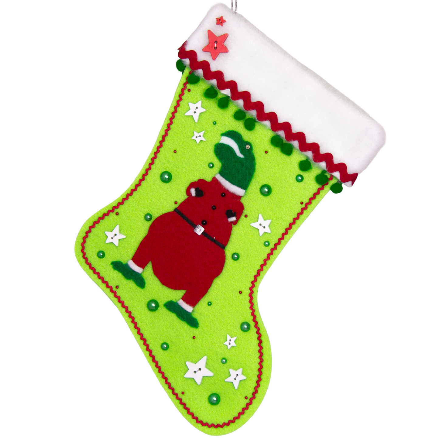Holiday green T-Rex in a holiday red suit on neon green felt handmade Christmas stocking with pom poms, star buttons and decorations in red, green, white & silver. (front of stocking)