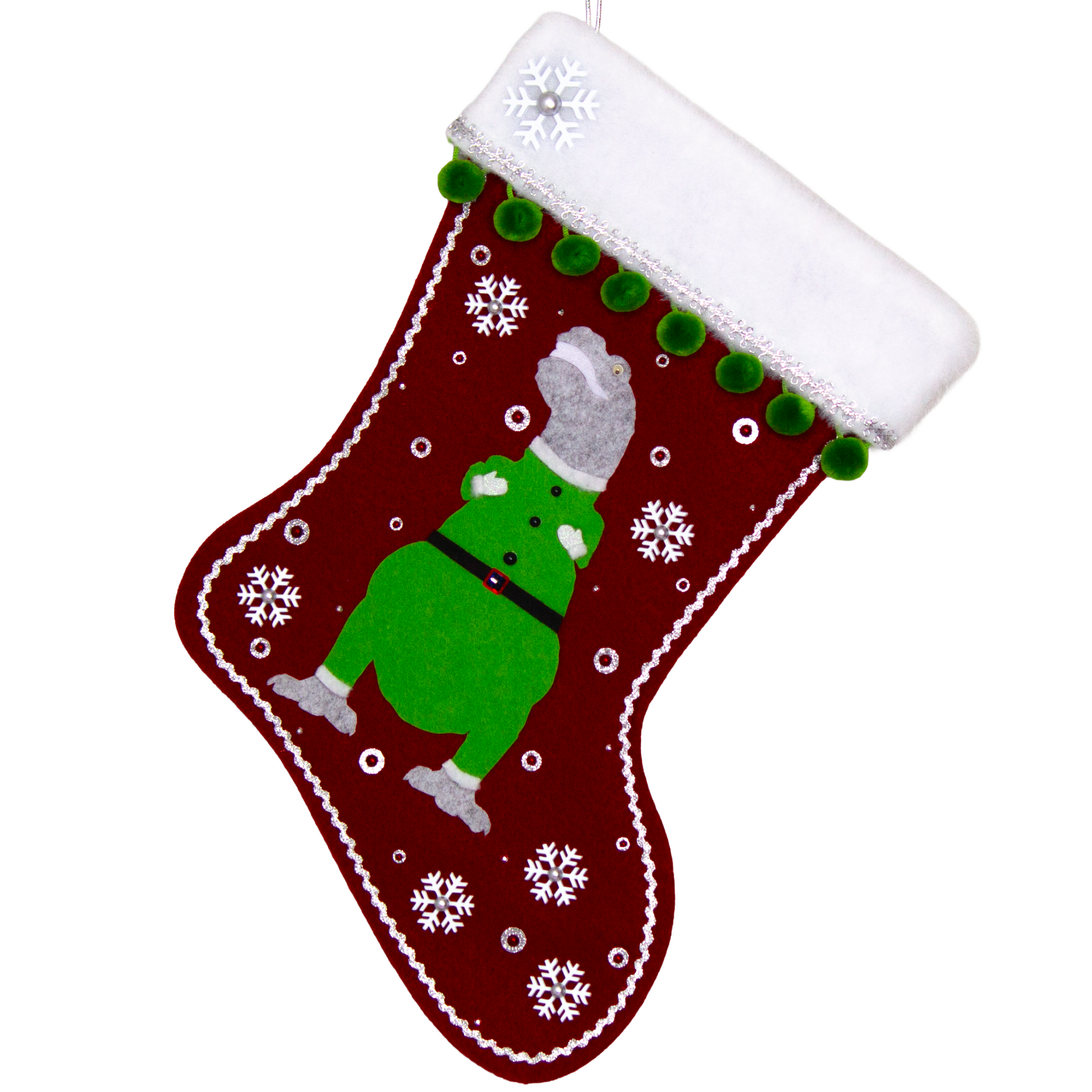 Variegated gray felt T-Rex with green suit on ruby red felt handmade Christmas stocking with pom poms,  snowflake buttons and decoration in white, ruby, green & silver. (front of stocking)