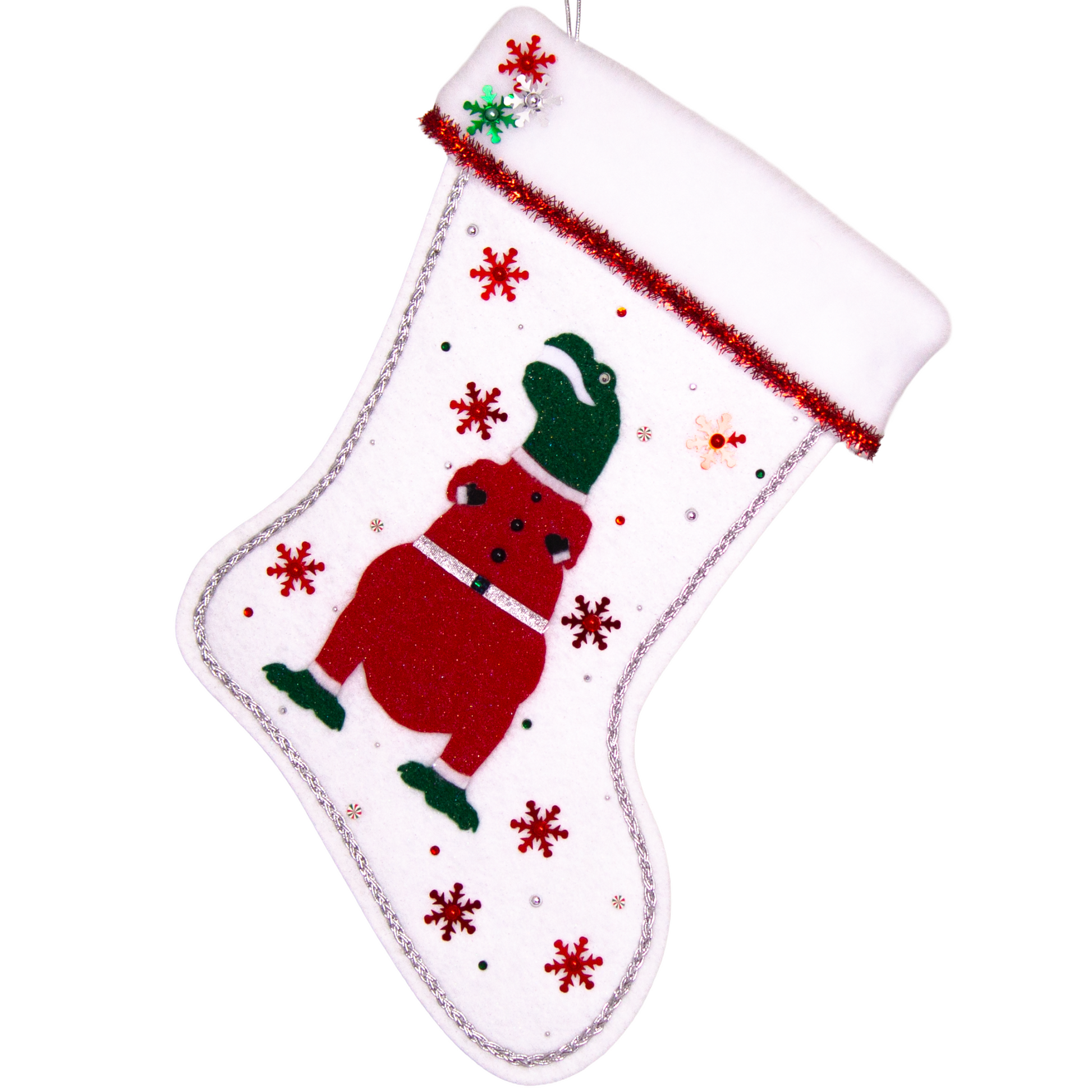 Dark green glitter felt T-Rex with red glitter suit on white glitter felt handmade Christmas stocking with tinsel ribbon, snowflake sequins and decoration in red, green & silver. (front of stocking)