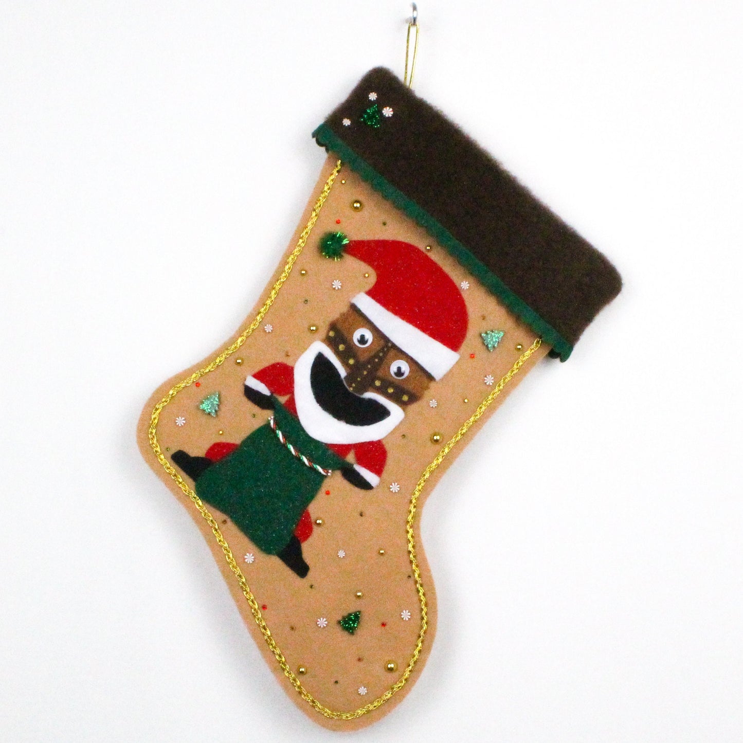 Tiki Santa on tan felt Christmas stocking