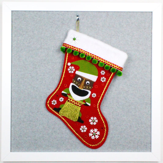 Tiki Santa on red glitter felt OOAK handmade Christmas stocking with pom poms, snowflakes and decorations in green, red, white and gold.