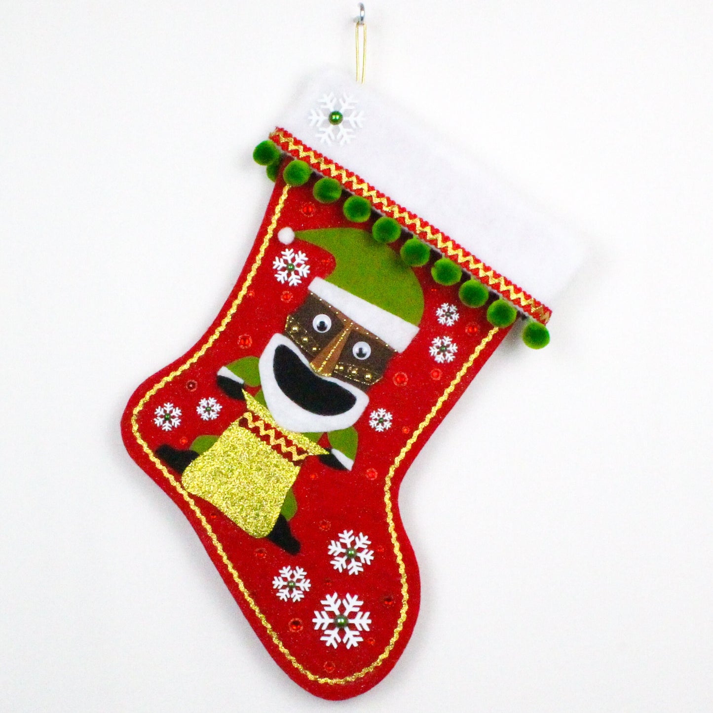 Tiki Santa on red felt Christmas stocking