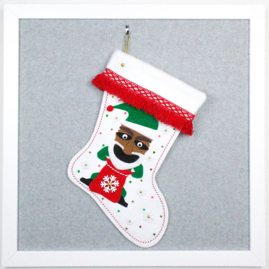 Tiki Santa on white glitter felt handmade OOAK Christmas stocking with fringe, snowflakes and decorations in red, green, white and gold.