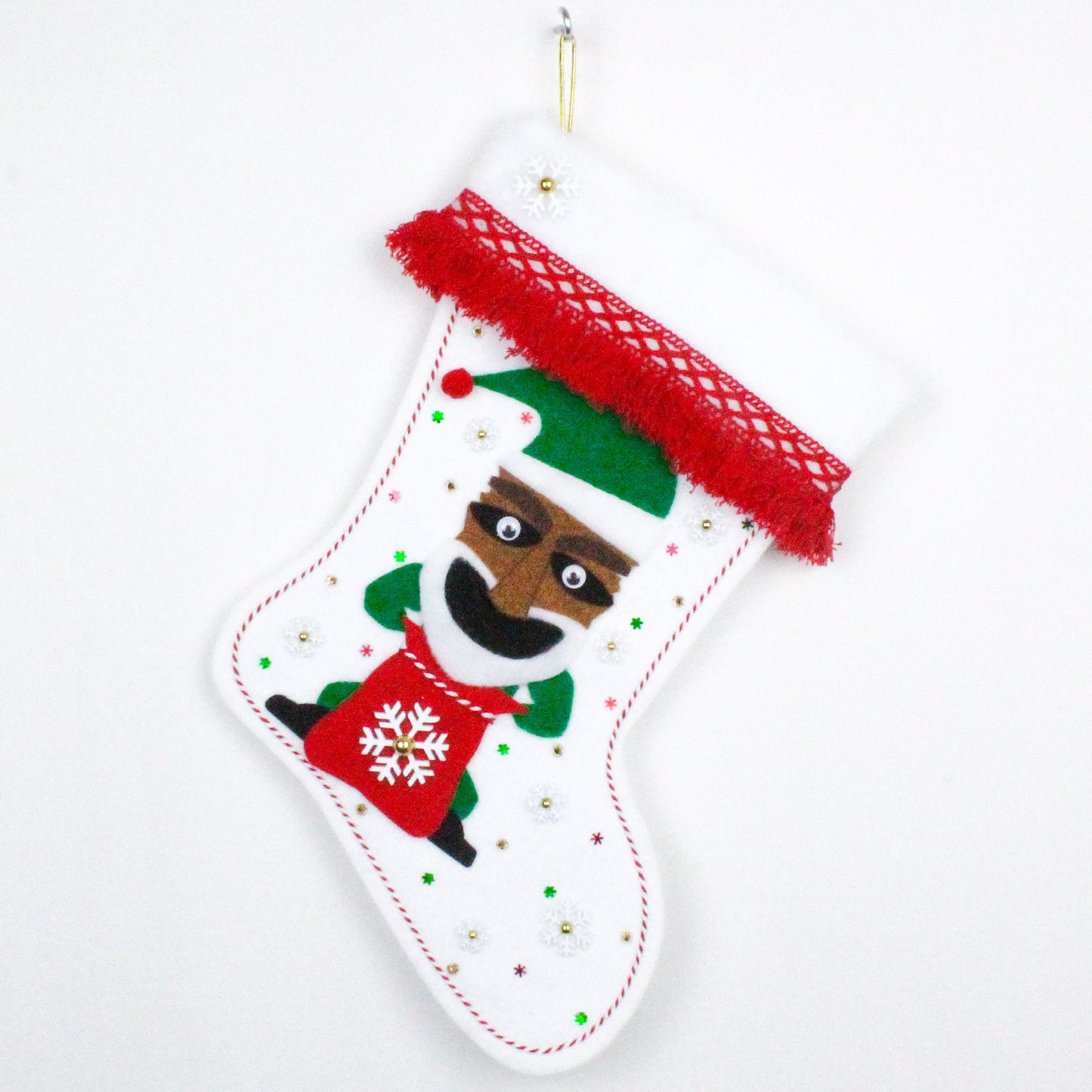Tiki Santa on white glitter felt Christmas stocking
