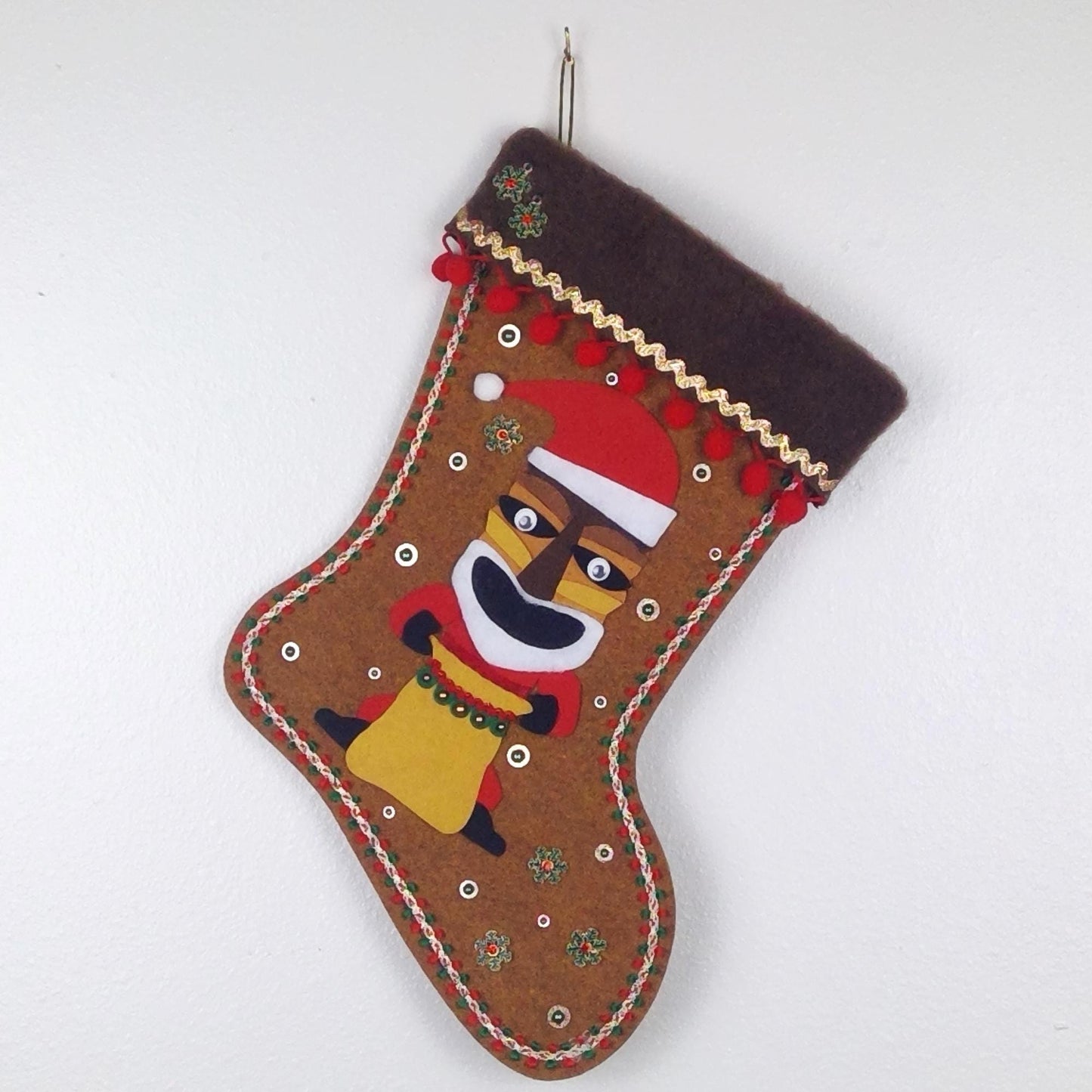 Tiki Santa on copper felt Christmas stocking