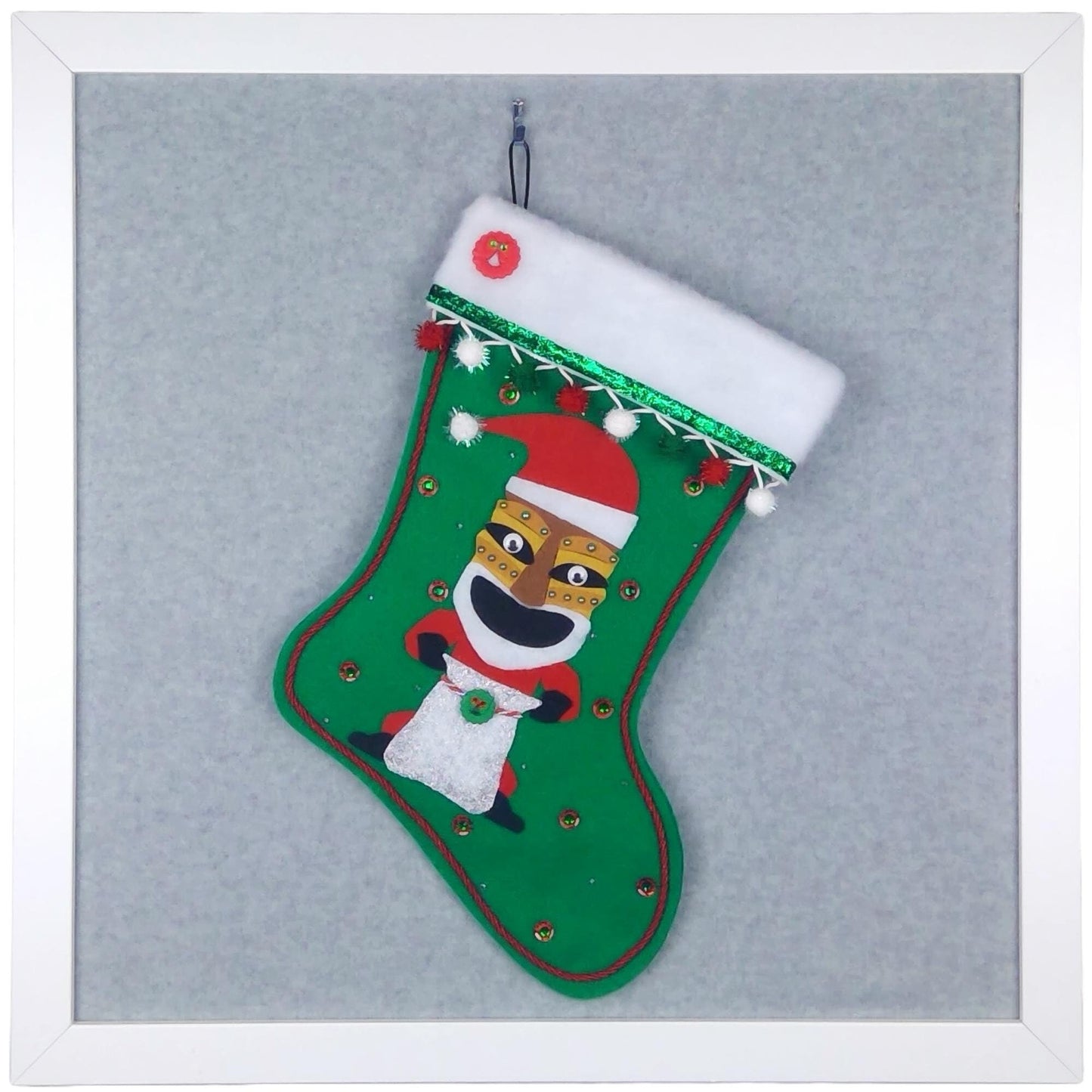 Tiki Santa on holiday green felt handmade OOAK Christmas stocking with pom poms and decorations in green, red, white and gold.