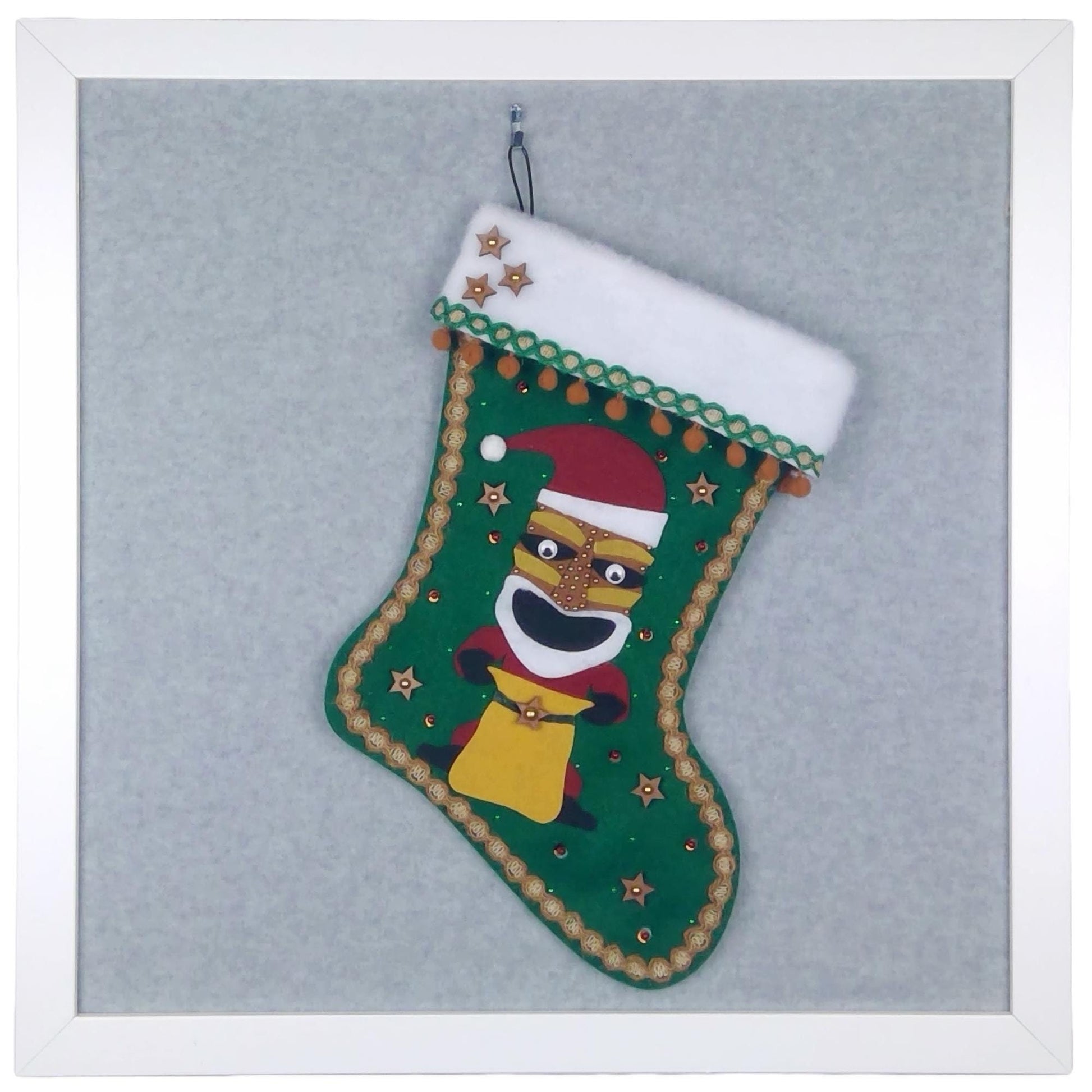 Tiki Santa on dark green felt OOAK handmade Christmas stocking with m poms, wood stars and decorations in gold, red, green and white.