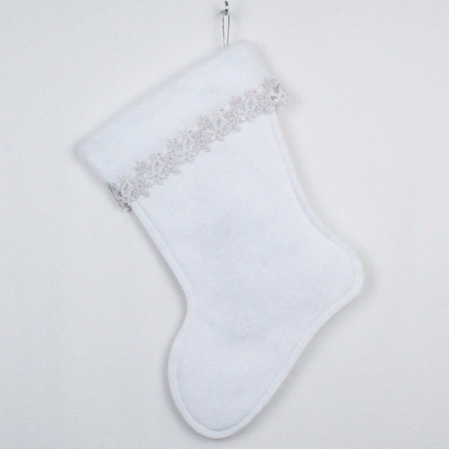 Dark green tree on white glitter felt Christmas stocking