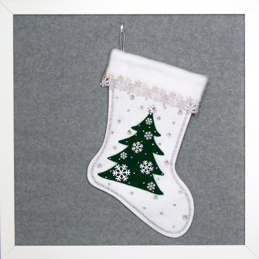 Dark green tree on white glitter felt Christmas stocking