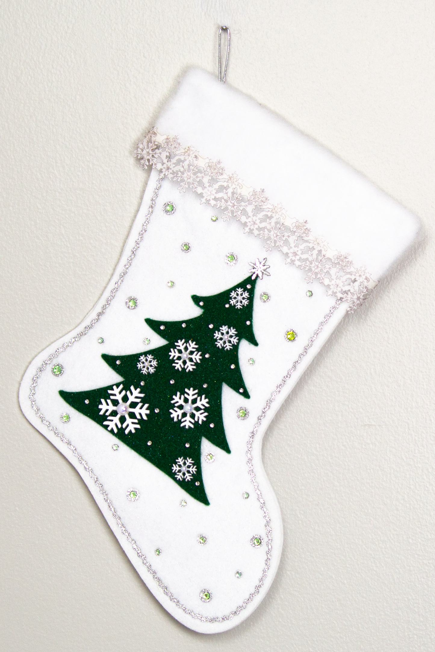 Dark green tree on white glitter felt Christmas stocking