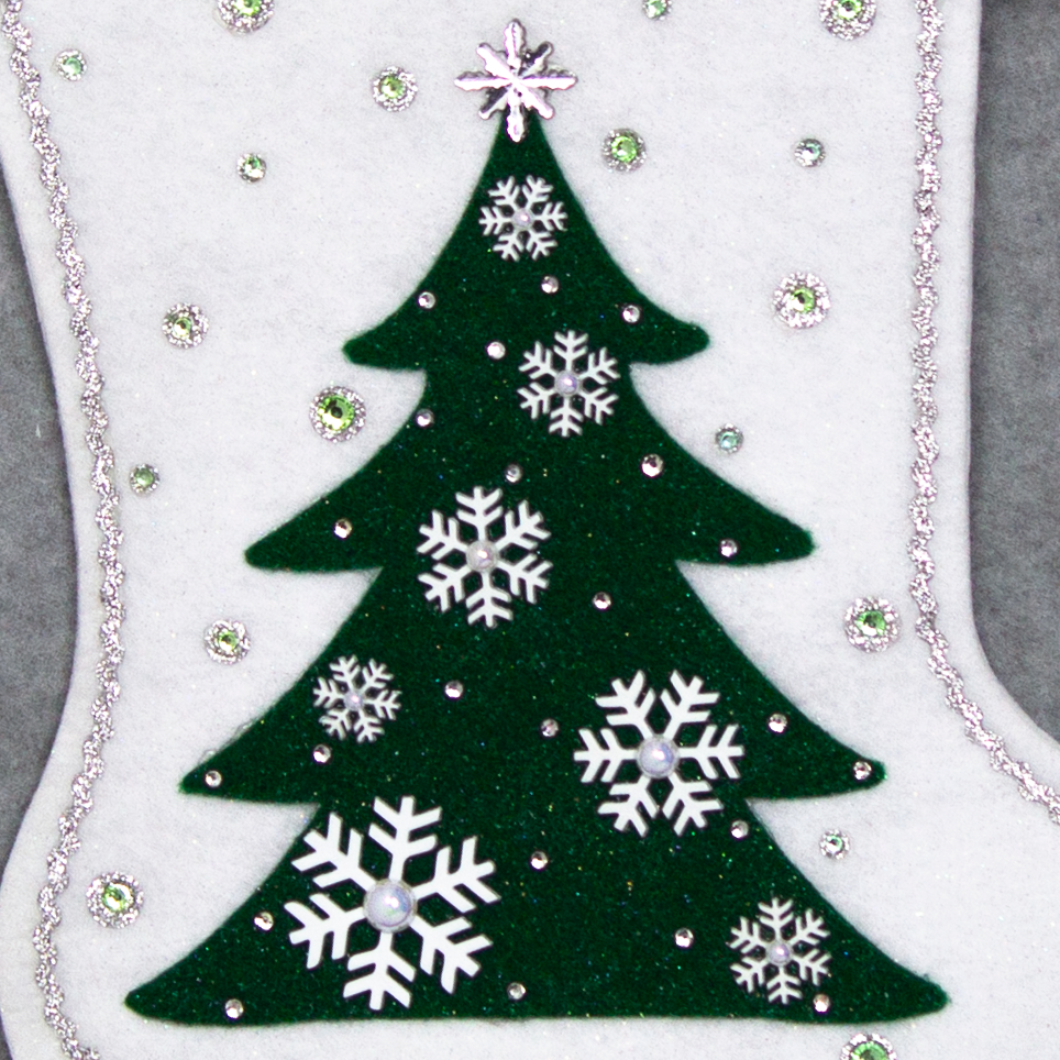 Dark green tree on white glitter felt Christmas stocking