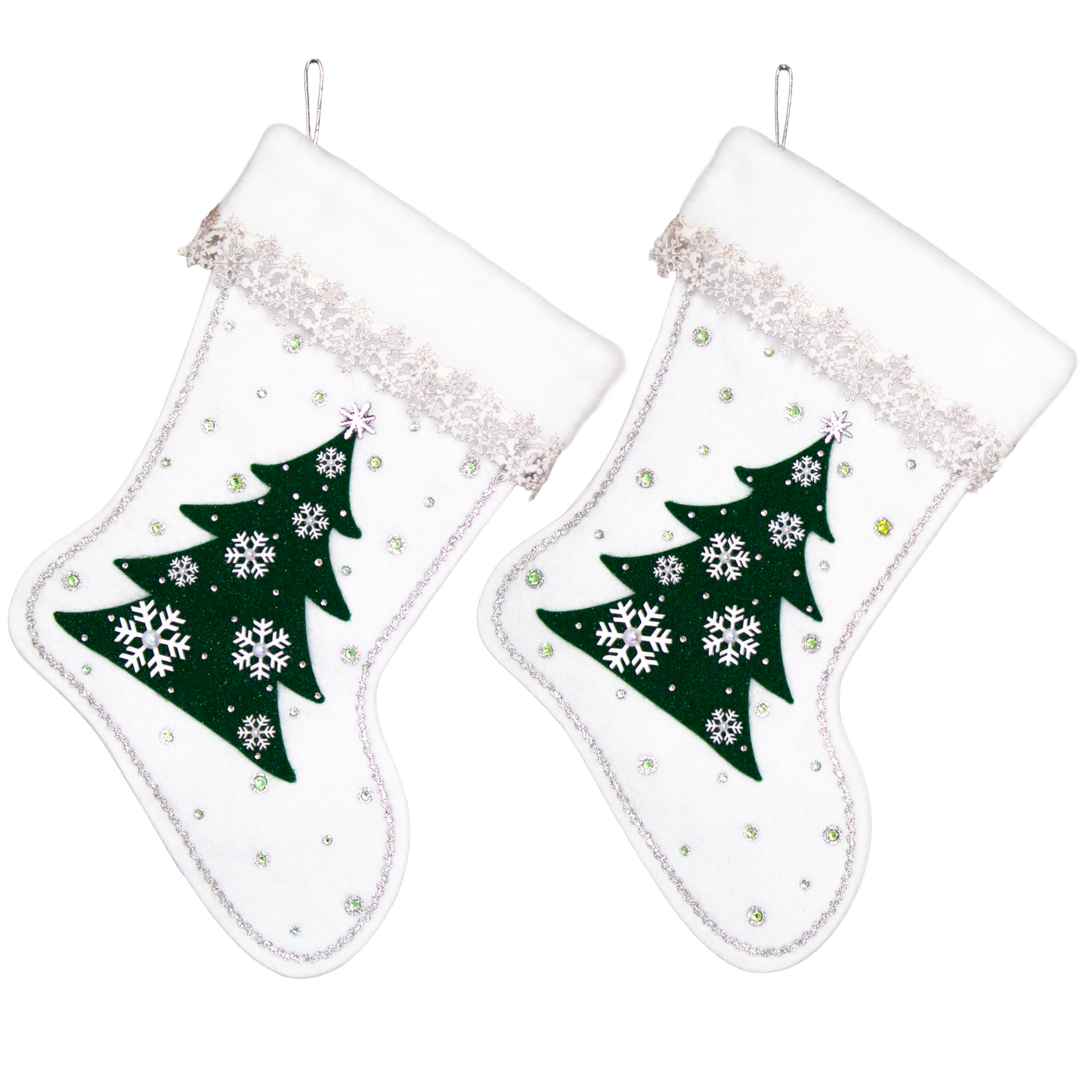 Dark green tree on white glitter felt Christmas stocking