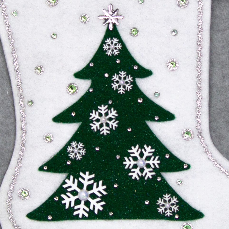 Dark green tree on white glitter felt Christmas stocking