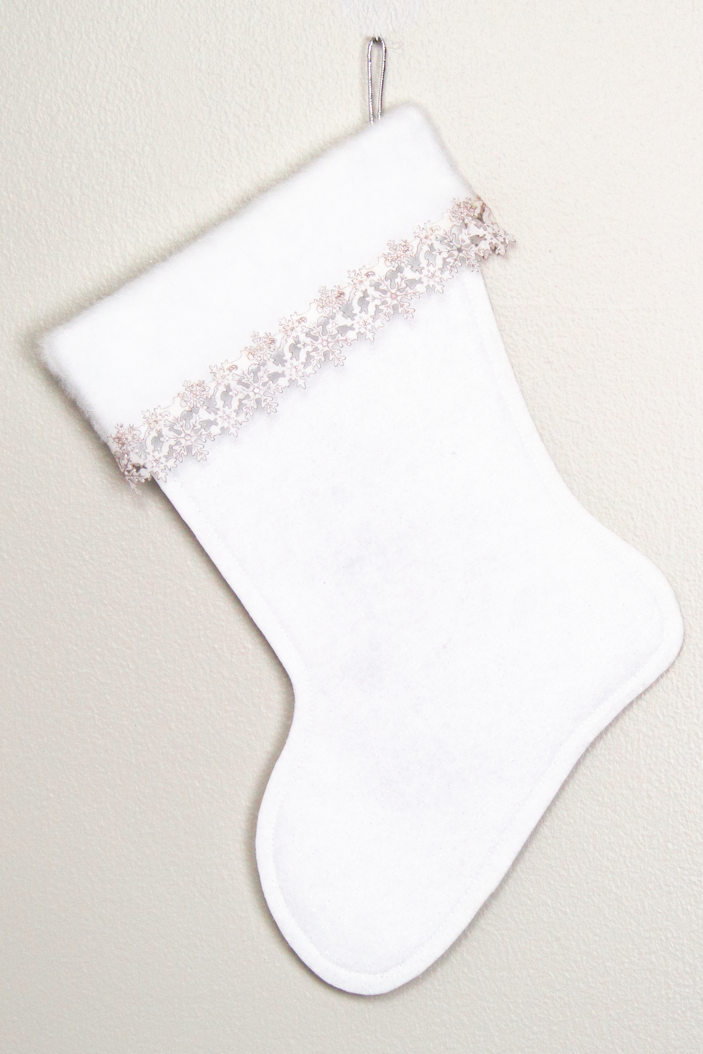 Dark green tree on white glitter felt Christmas stocking