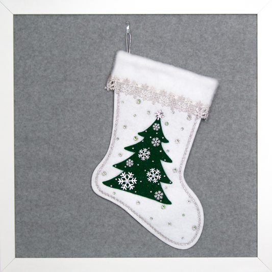 Dark green tree on white glitter felt Christmas stocking