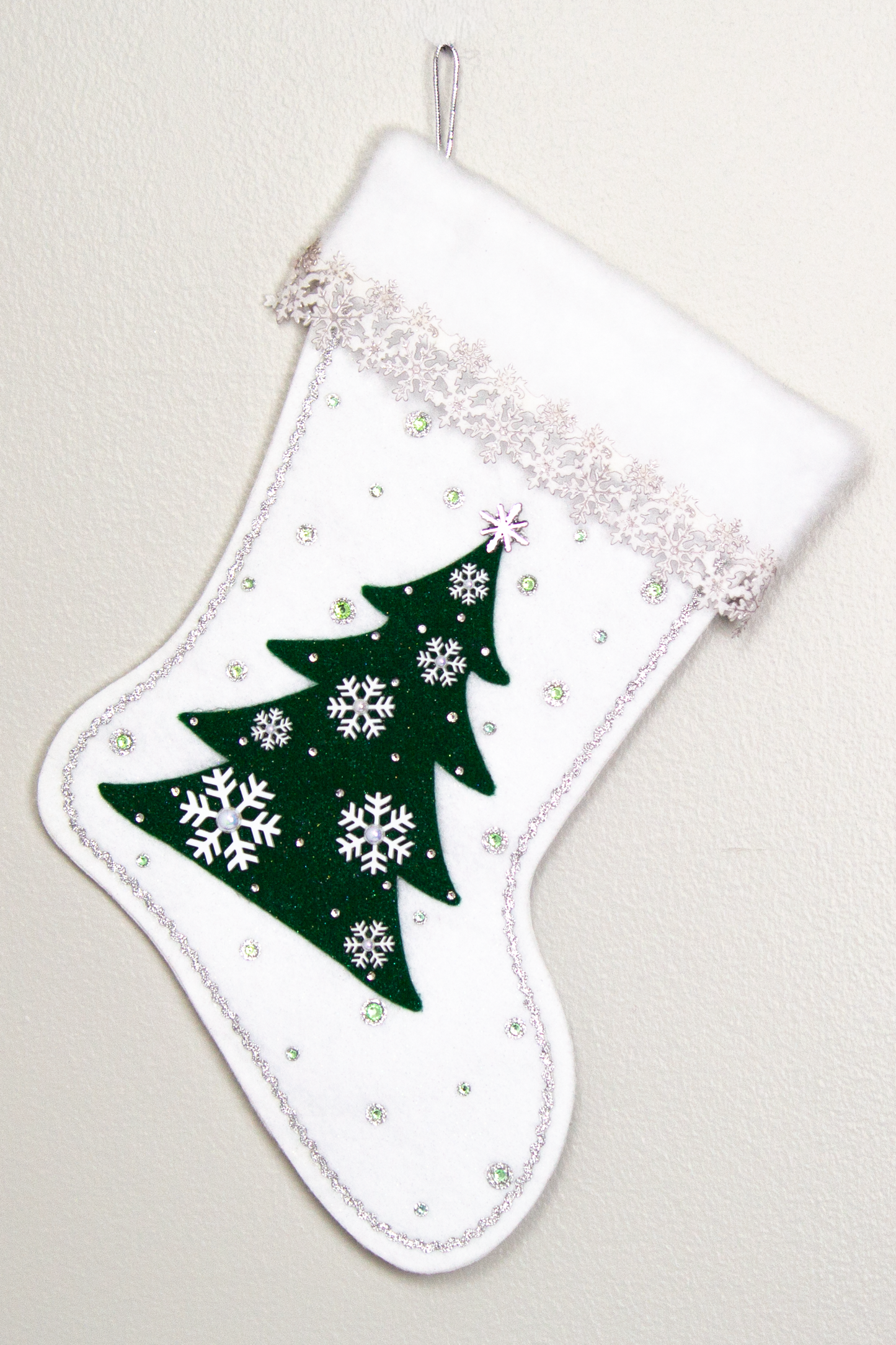 Dark green tree on white glitter felt Christmas stocking