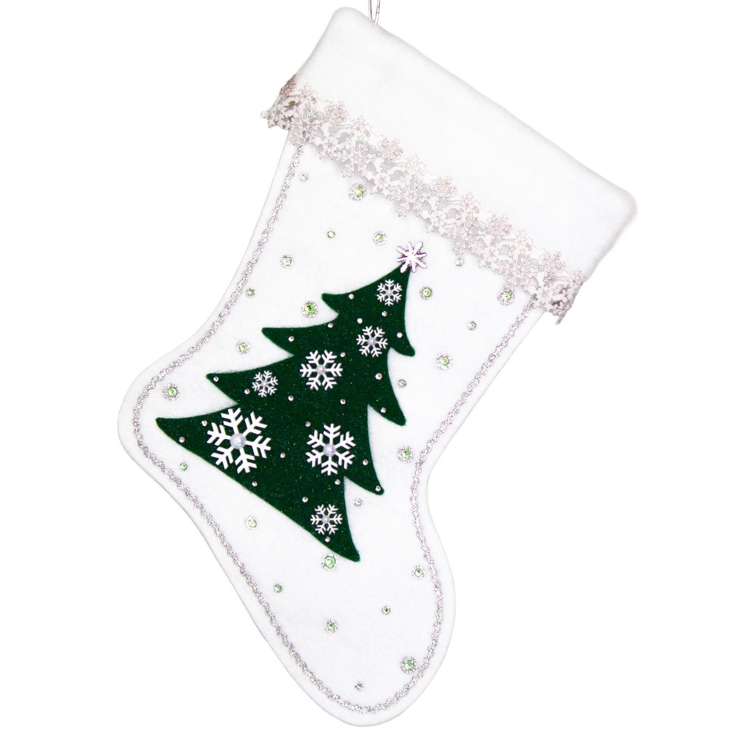 Dark green tree on white glitter felt Christmas stocking
