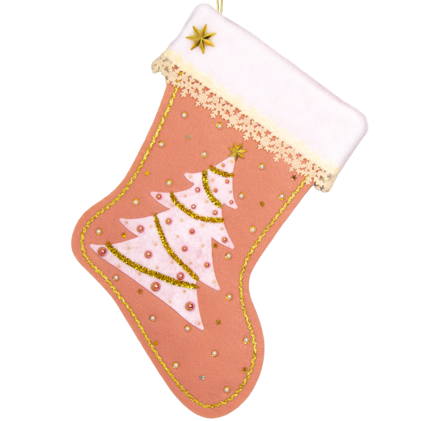 White felt tree on coral felt handmade Christmas tree with delicate laser cut felt trim, plastic star buttons, tinsel pipe cleaner, tiny snowflake sequins and decorated in cream, white, coral & gold. (front of Tree stocking)