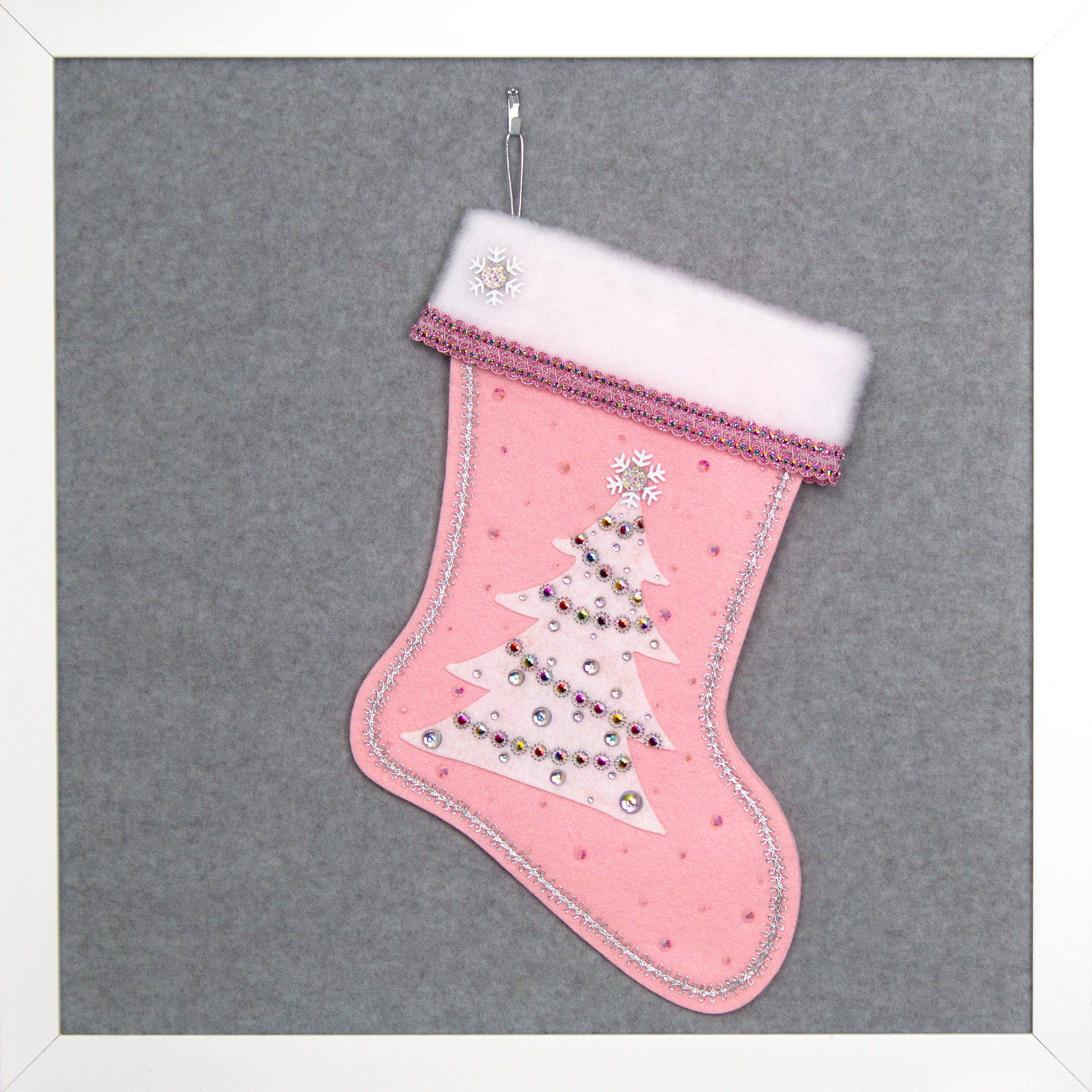 White glitter felt tree on light pink felt handmade Christmas stocking with snowflake buttons, large multifaceted rhinestones and decorated in white, clear, light pink, silver & multicolors. (front of Tree stocking)