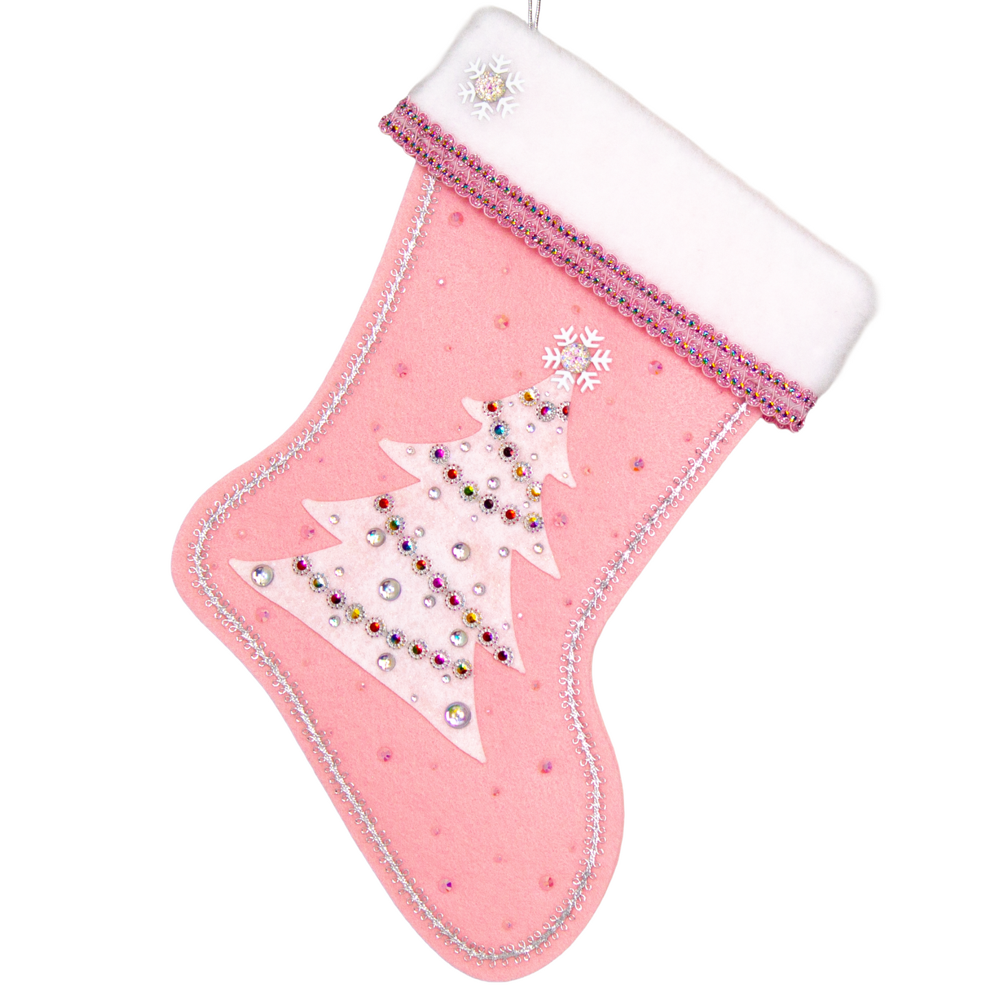 White glitter felt tree on light pink felt handmade Christmas stocking with snowflake buttons, large multifaceted rhinestones and decorated in white, clear, light pink, silver & multicolors. (front of Tree stocking)