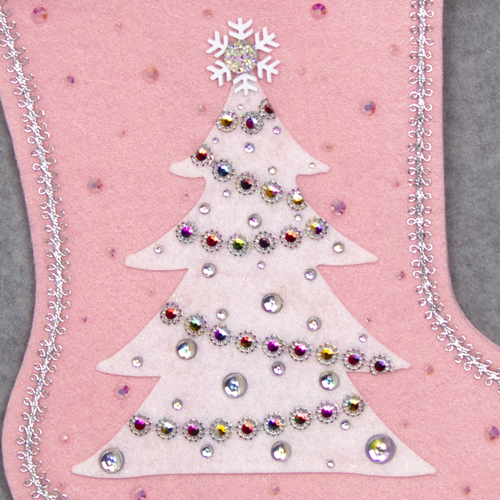 White glitter felt tree on light pink felt handmade Christmas stocking with snowflake buttons, large multifaceted rhinestones and decorated in white, clear, light pink, silver & multicolors. (front of Tree stocking - close up detail of tree)