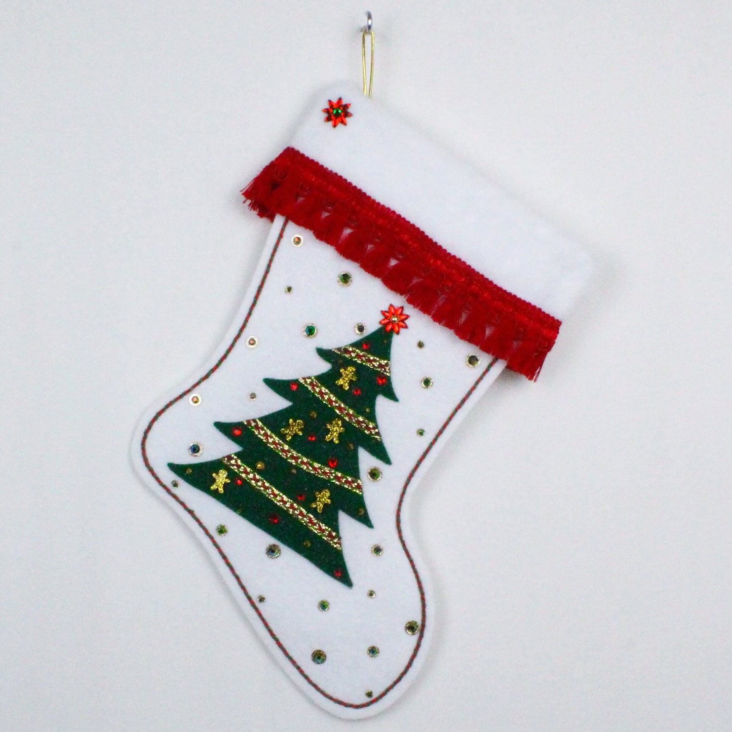 Dark green tree on white glitter felt Christmas stocking