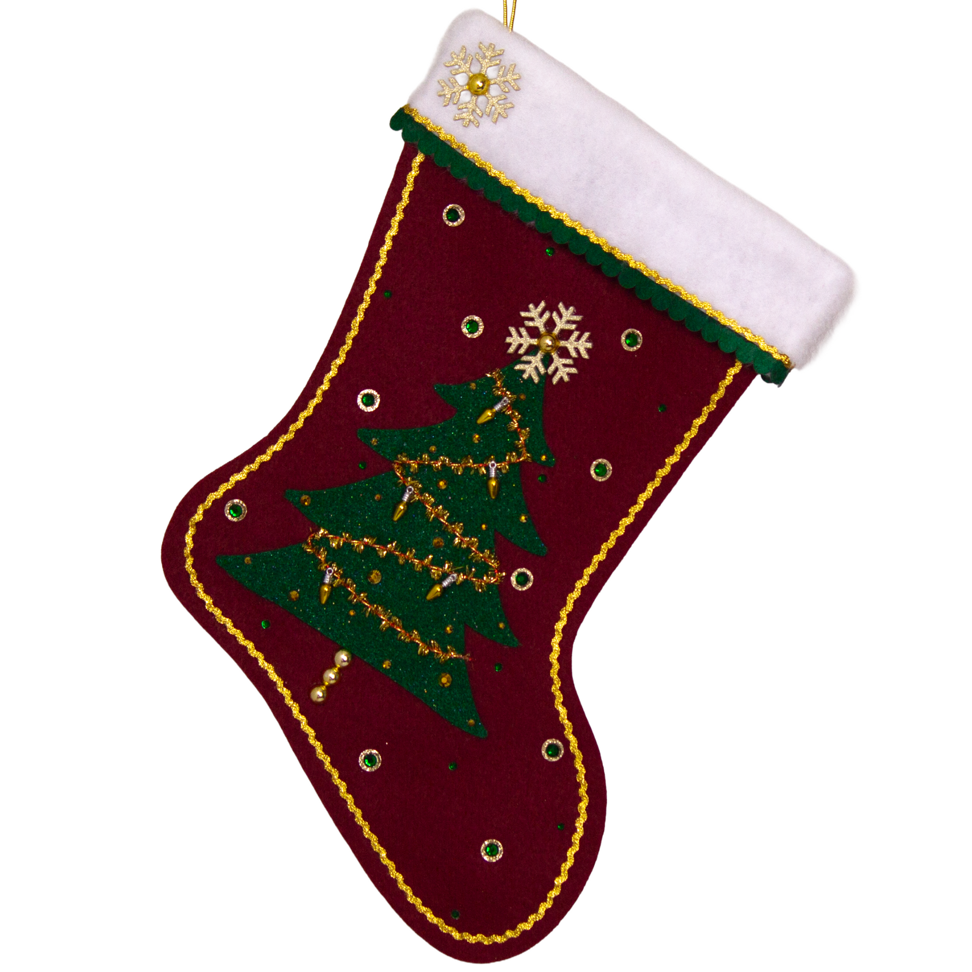 Dark green glitter Christmas Tree with tinsel, fake lights and topped with a gold glitter snowflake button on a ruby red felt handmade Christmas stocking, decorated in gold, green & red. (front of stocking)