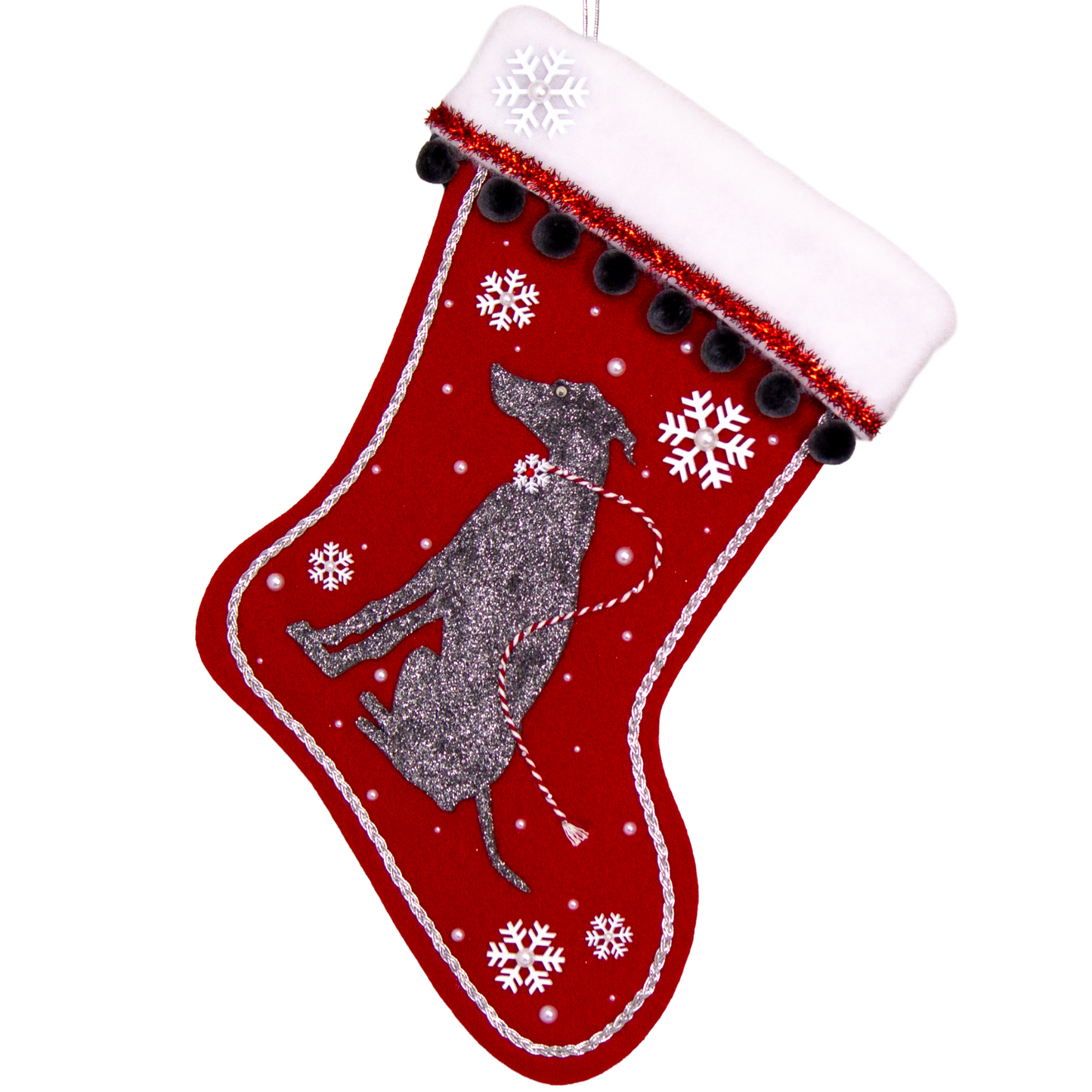 Silver glittered dark gray Whippet dog on a holiday red felt handmade Christmas stocking with snowflakes, tinsel, pom poms and decorated in red, white, dark gray and silver.