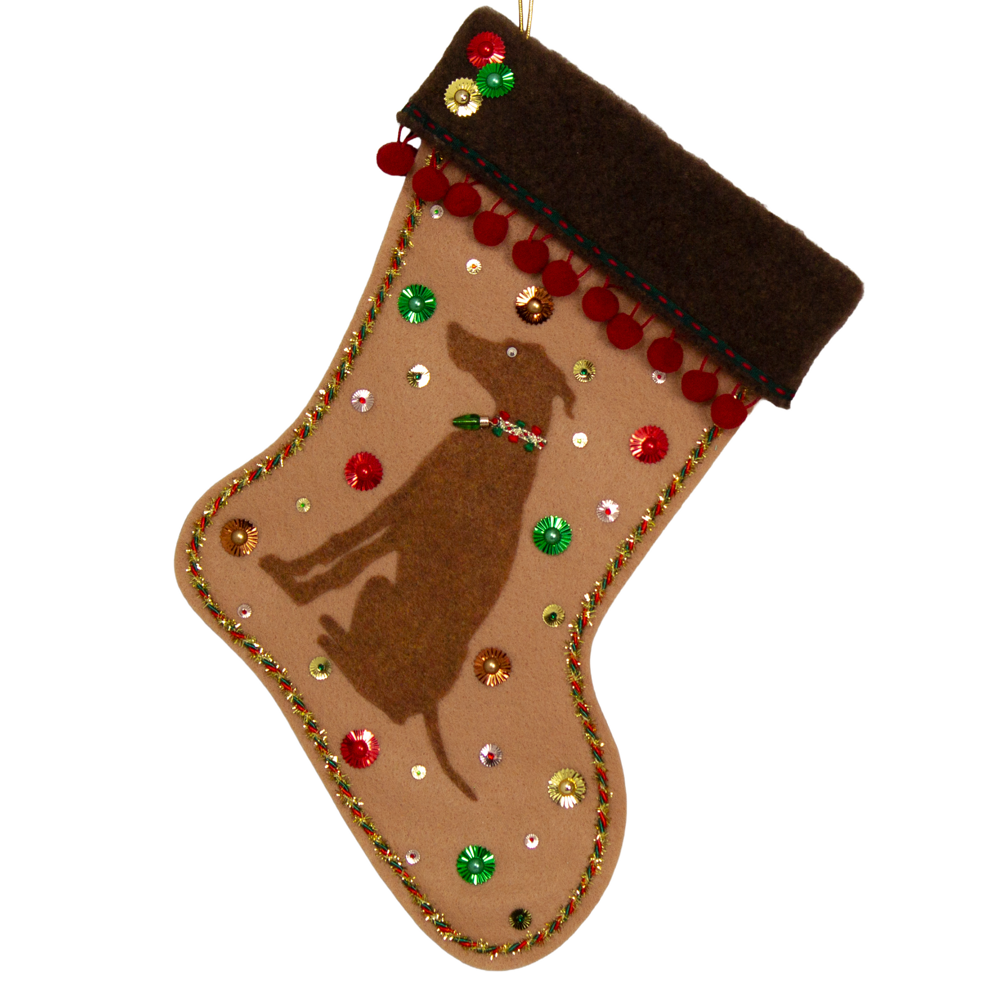 Copper Whippet dog on tan felt handmade Christmas stocking with pom poms, sunburst sequins and decorated in red, green, gold and copper. (front of stocking)