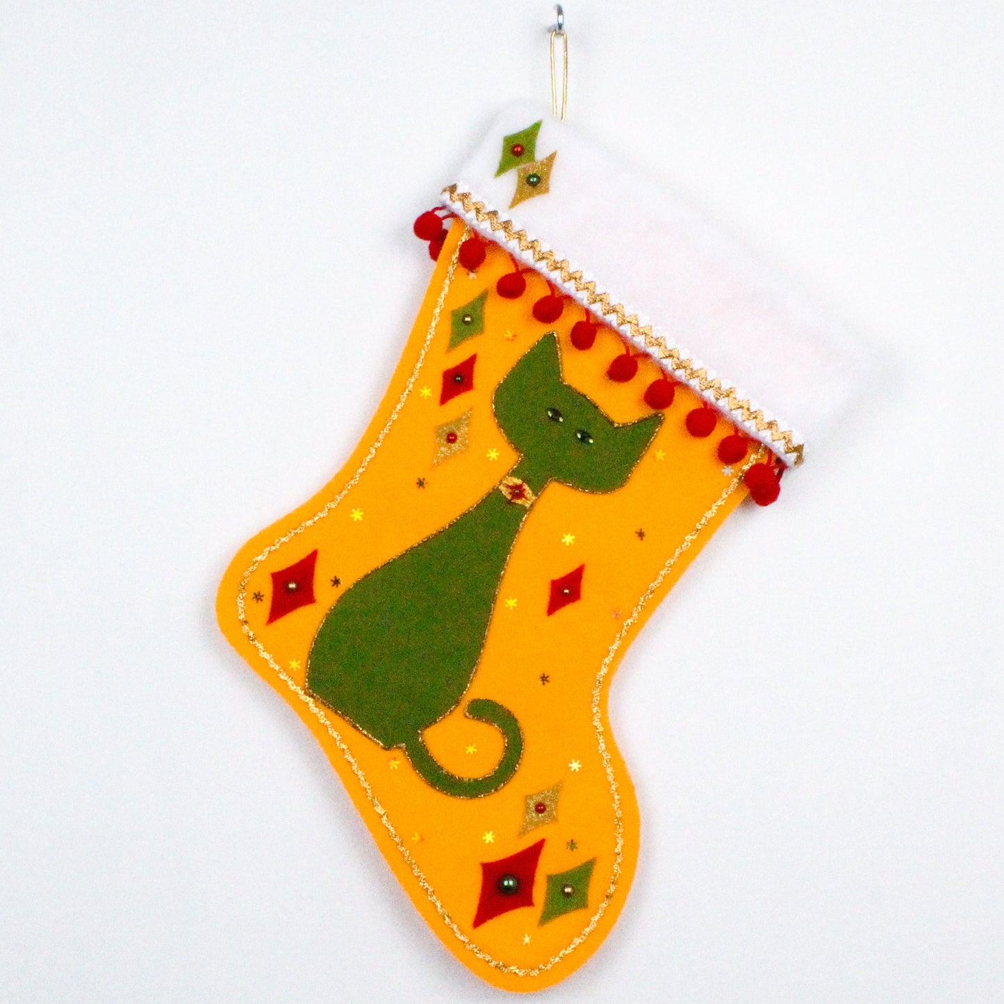 Green cat on gold felt Christmas stocking