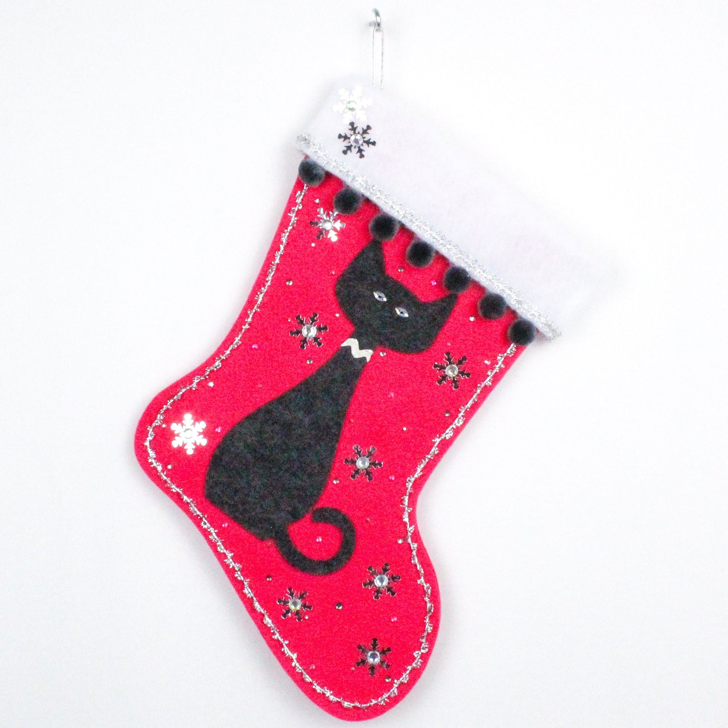 Gray cat on pink felt Christmas stocking