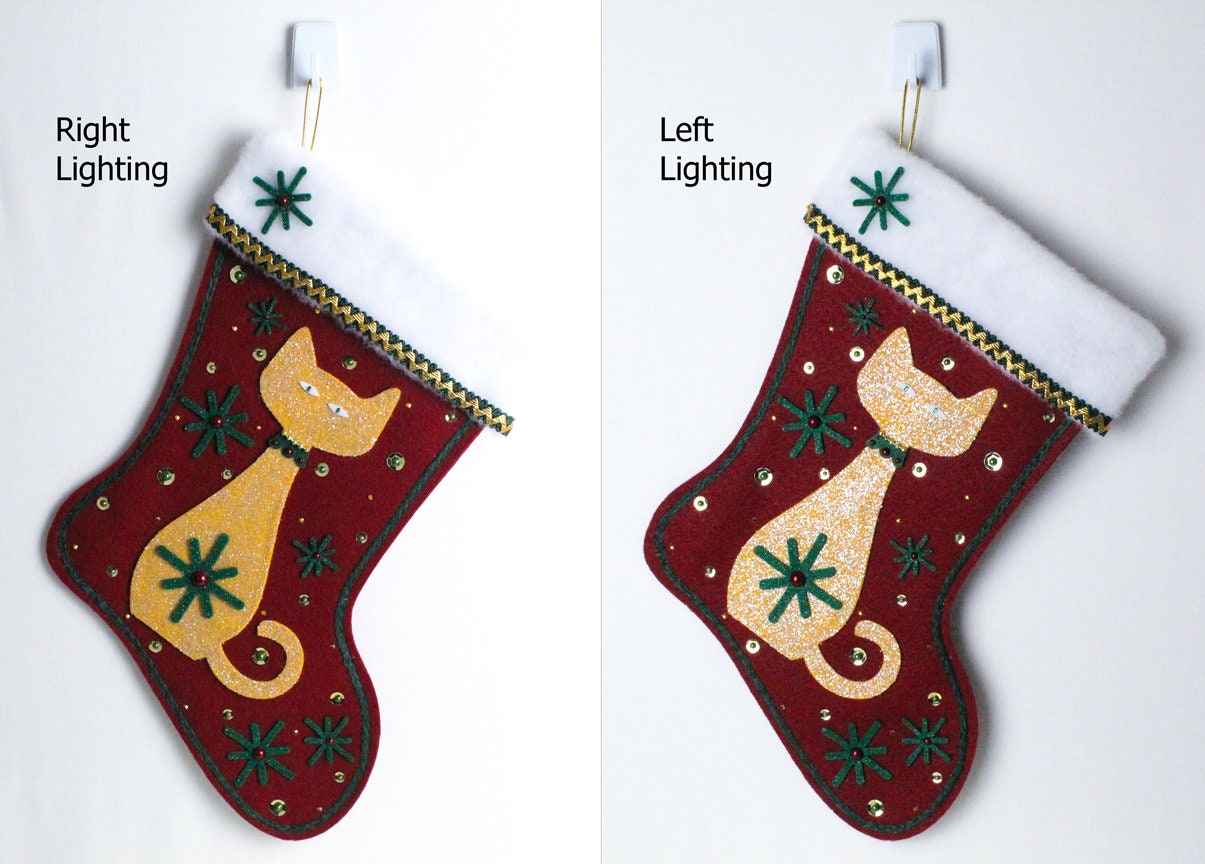 Gold cat on dark red felt Christmas stocking