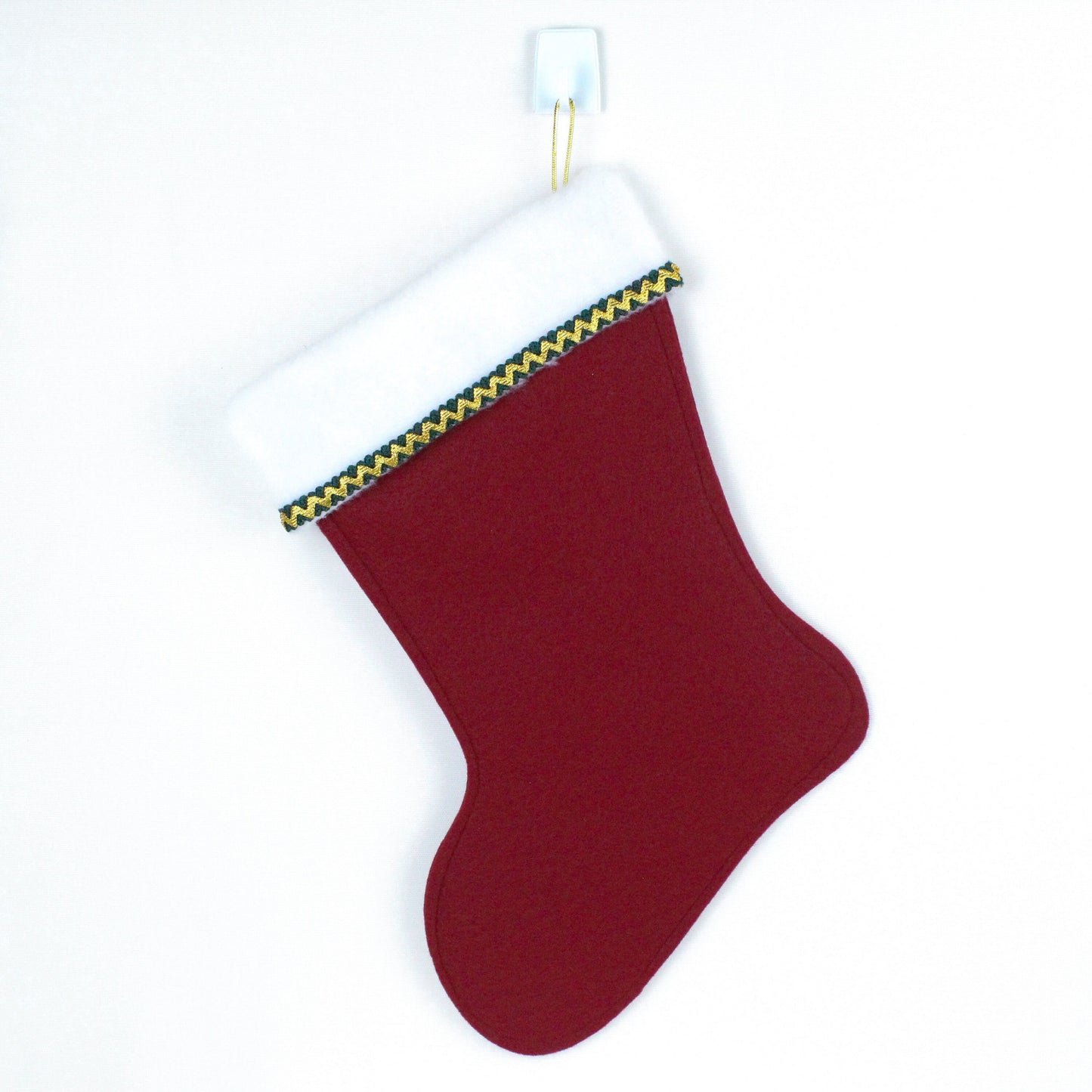 Gold cat on dark red felt Christmas stocking