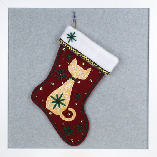 Glittery gold cat on ruby red felt handmade OOAK Christmas stocking with dark green starbursts and gold decorations.