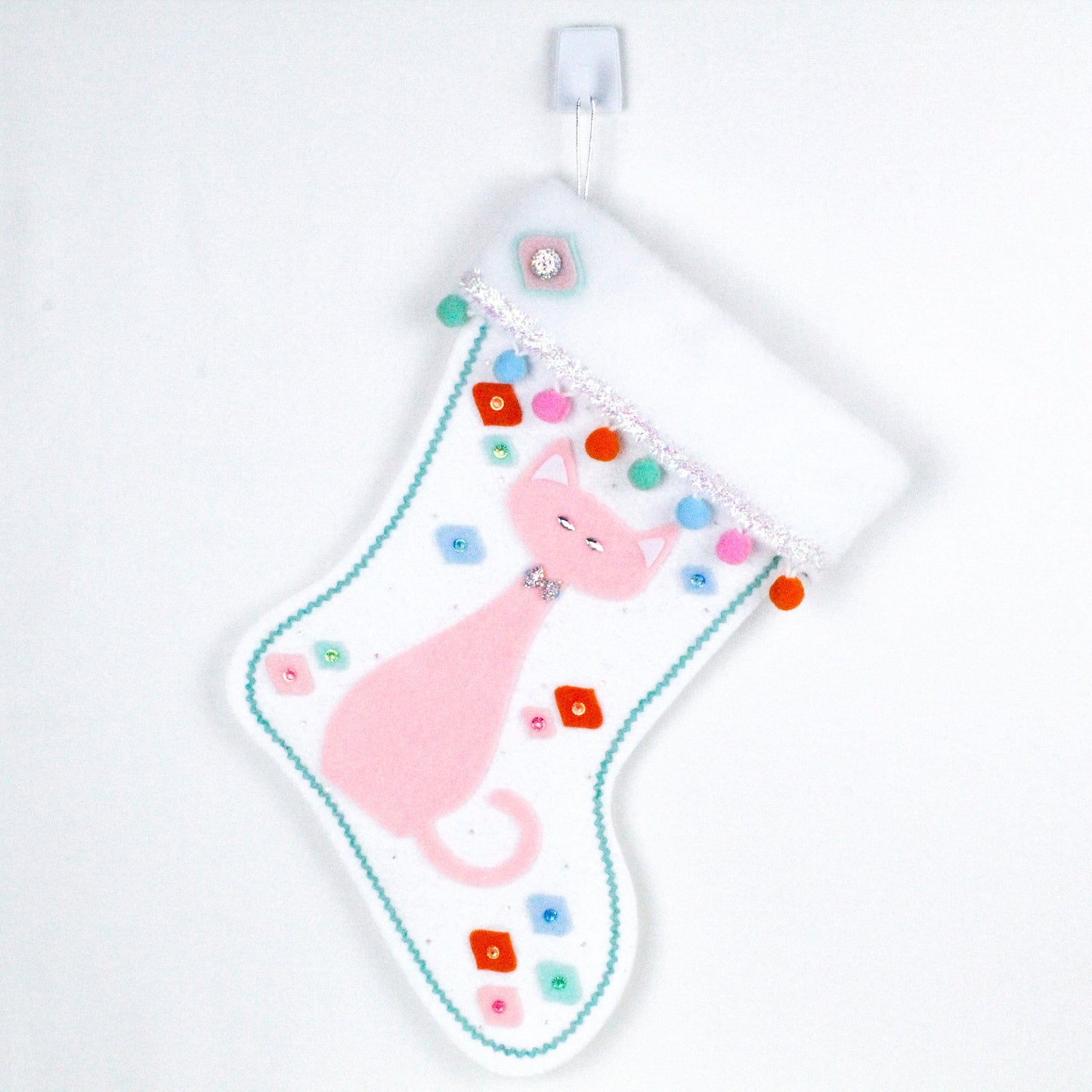 Pink cat on white felt Christmas stocking