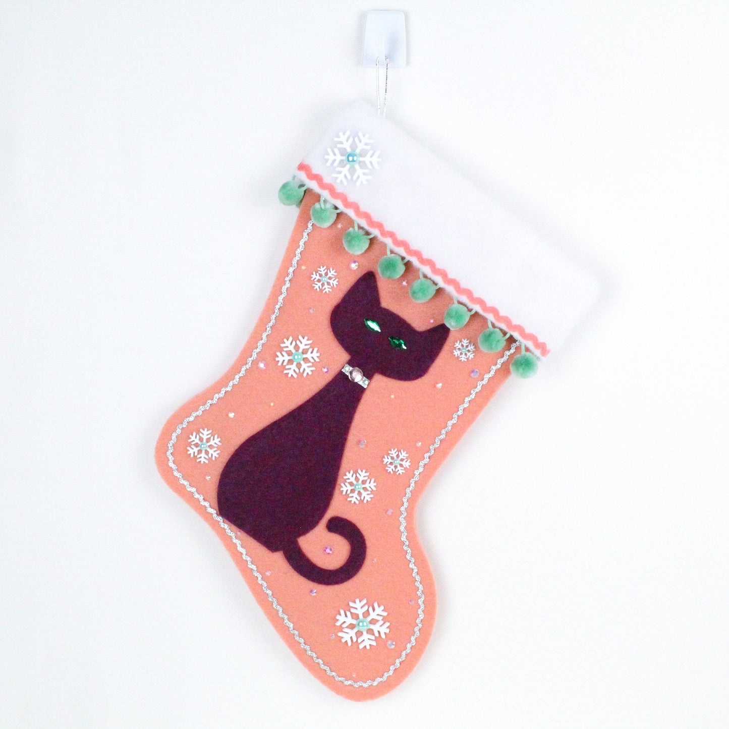Purple cat on coral felt Christmas stocking