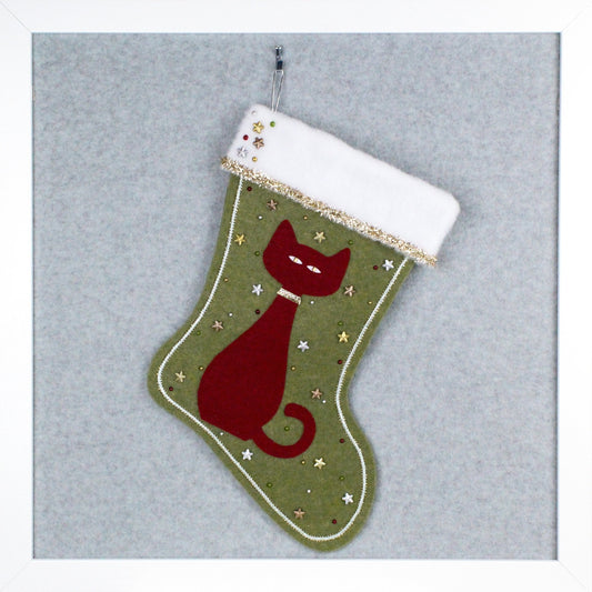 Ruby red cat on olive green felt handmade OOAK Christmas stocking with gold, silver and copper stars decoration.