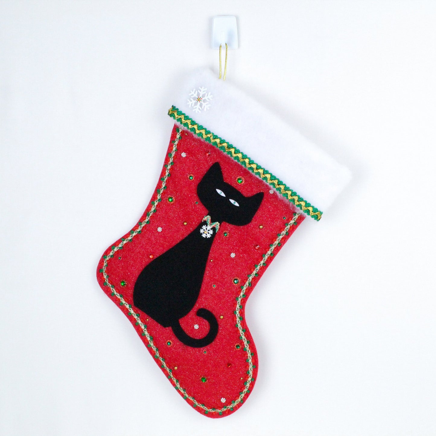 Black cat on red felt Christmas stocking